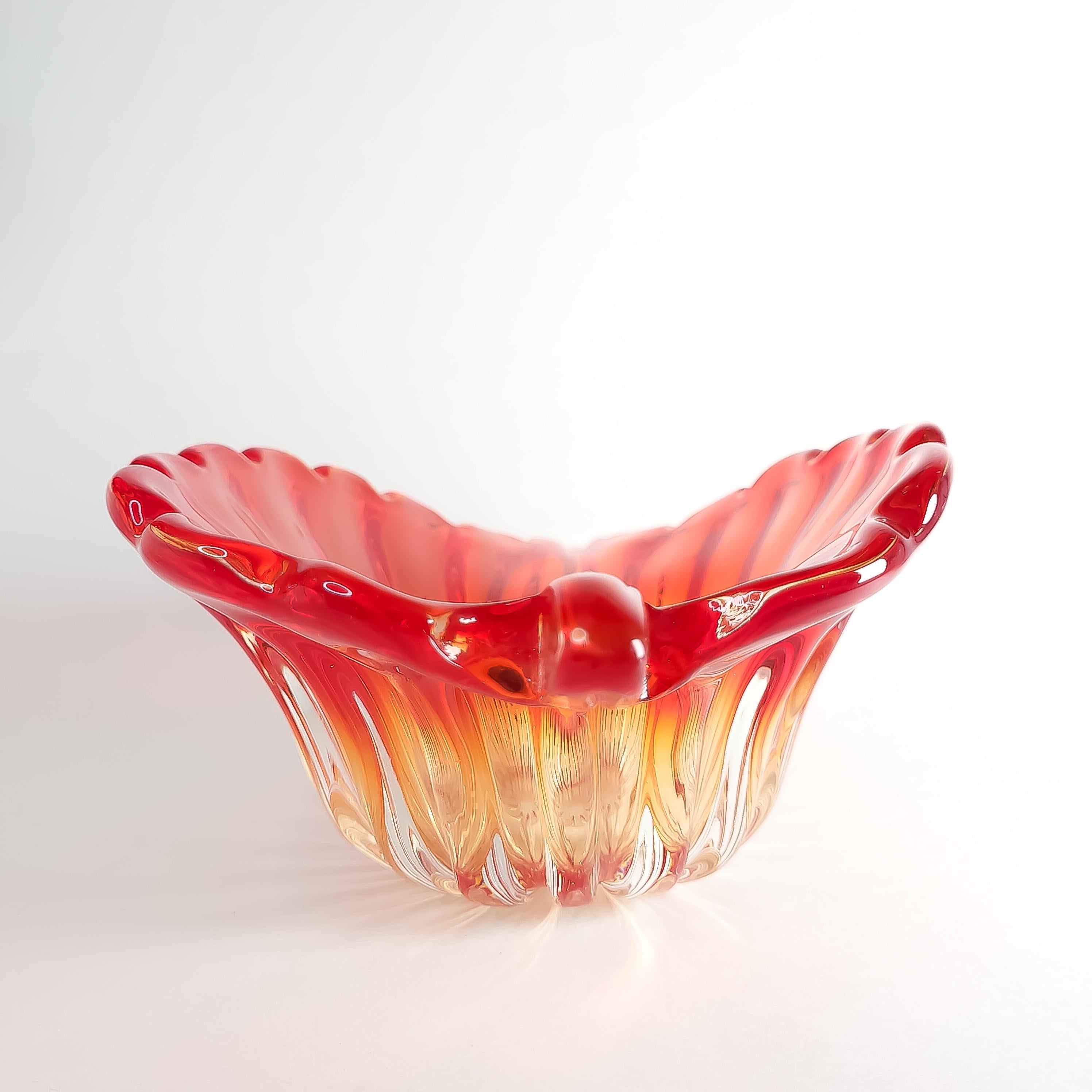 Red Leaf Textured Serving Dish, Vintage Gradient Glass