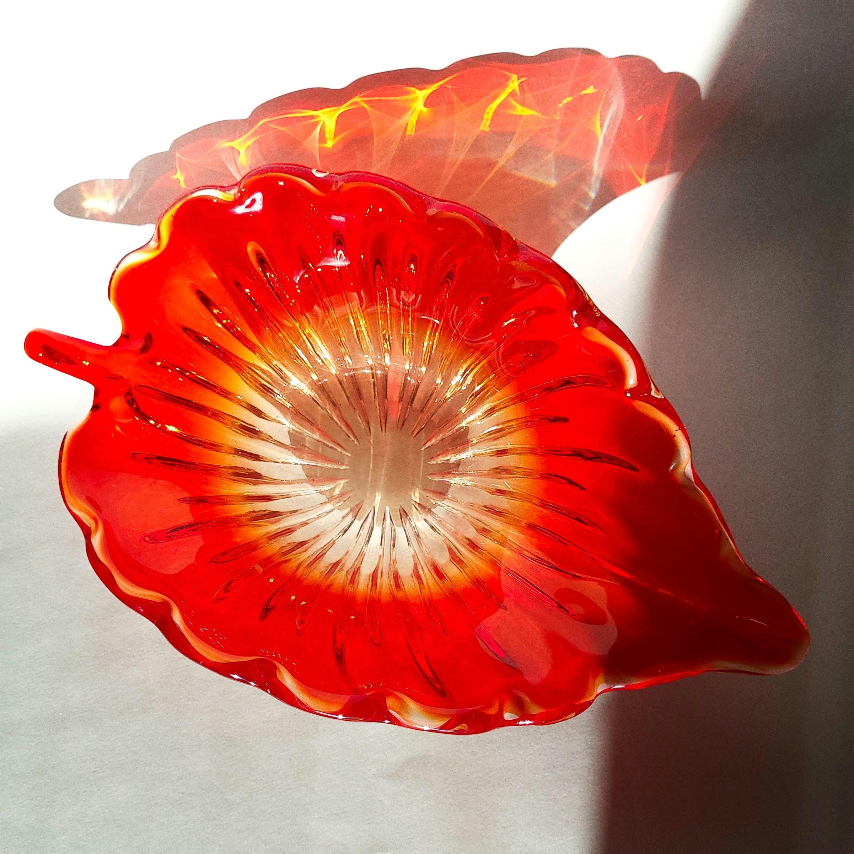 Red Leaf Textured Serving Dish, Vintage Gradient Glass