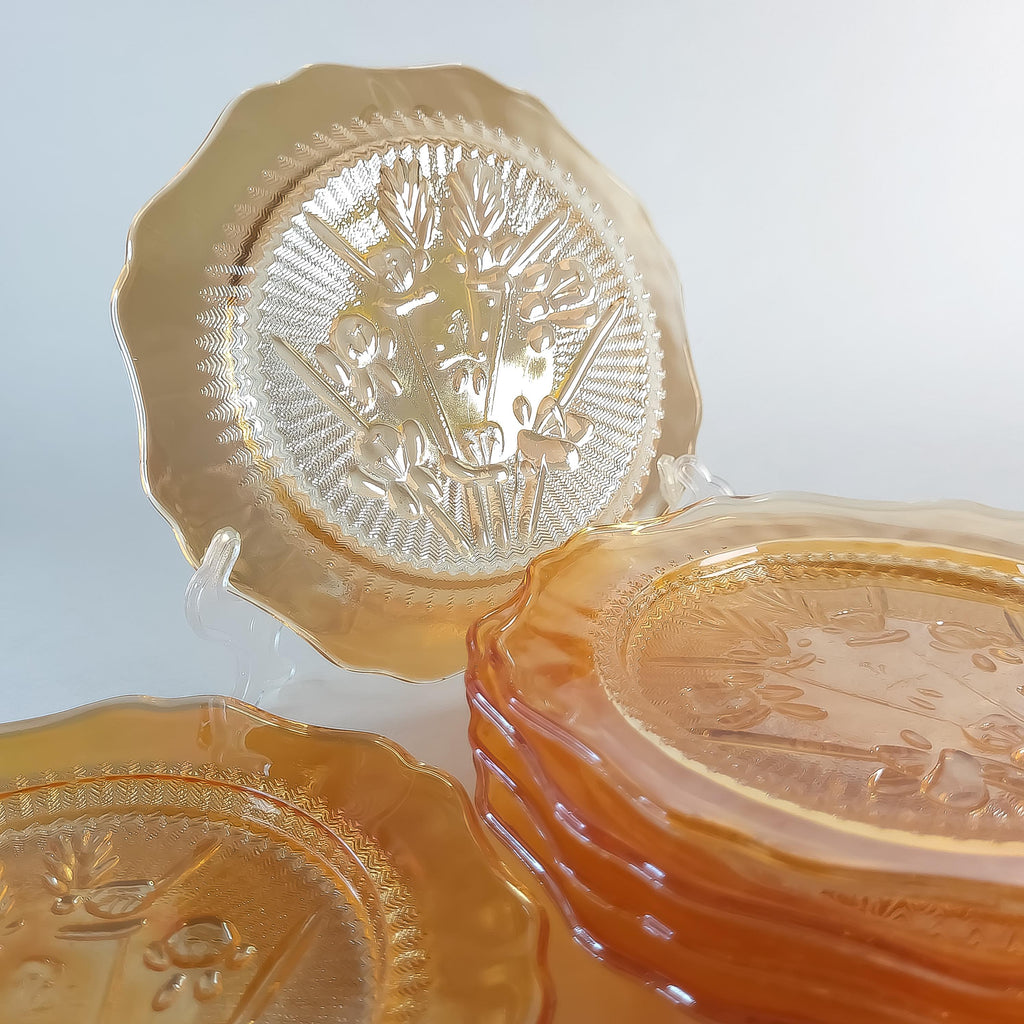 6 Jeannette Glass Saucers, Vintage Iris & Herringbone Amber Glass Plate Set