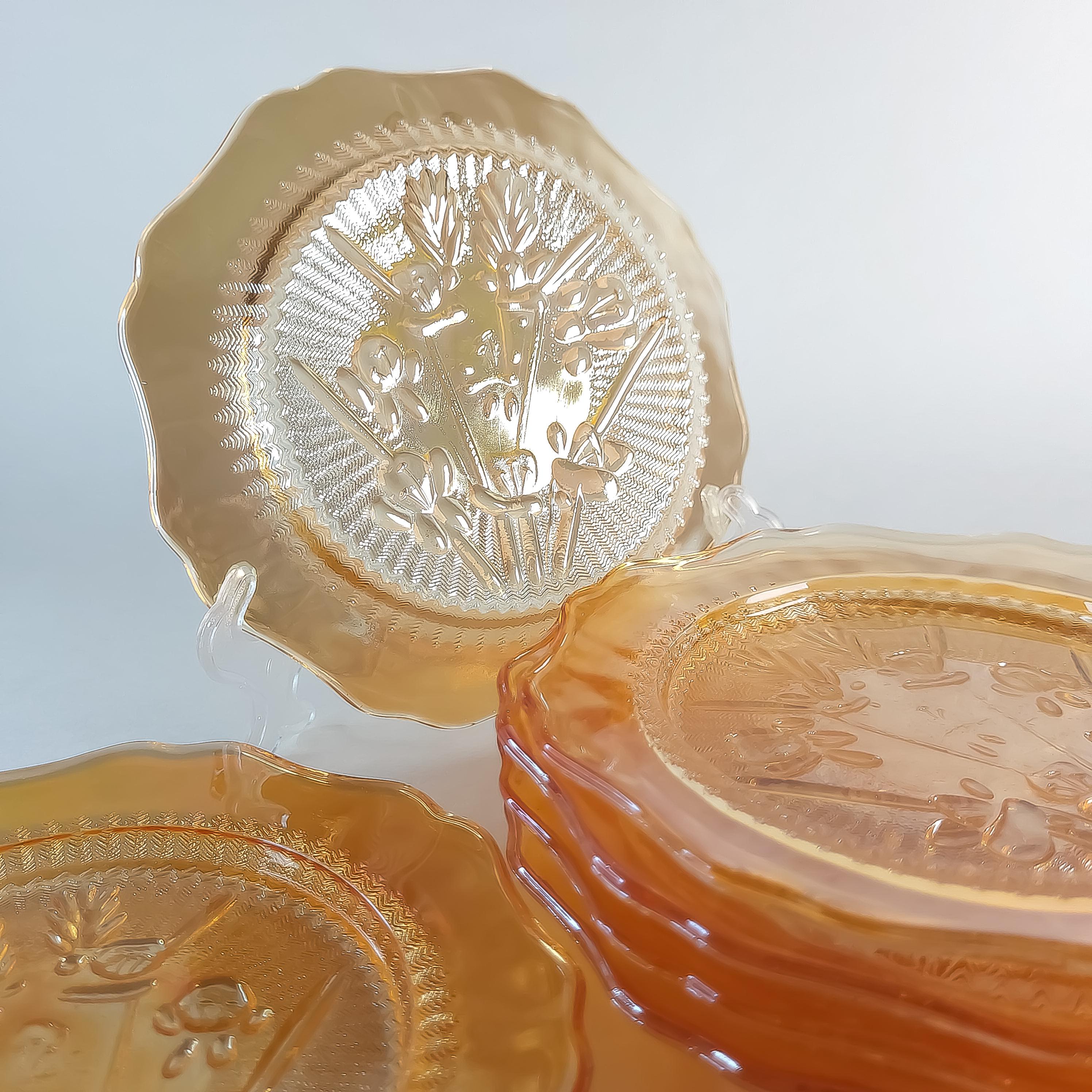 6 Jeannette Glass Saucers, Vintage Iris & Herringbone Amber Glass Plate Set