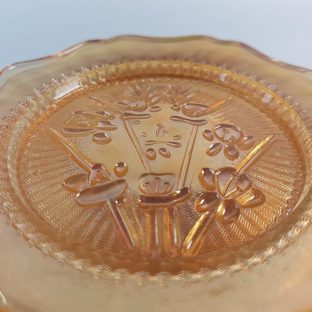 6 Jeannette Glass Saucers, Vintage Iris & Herringbone Amber Glass Plate Set