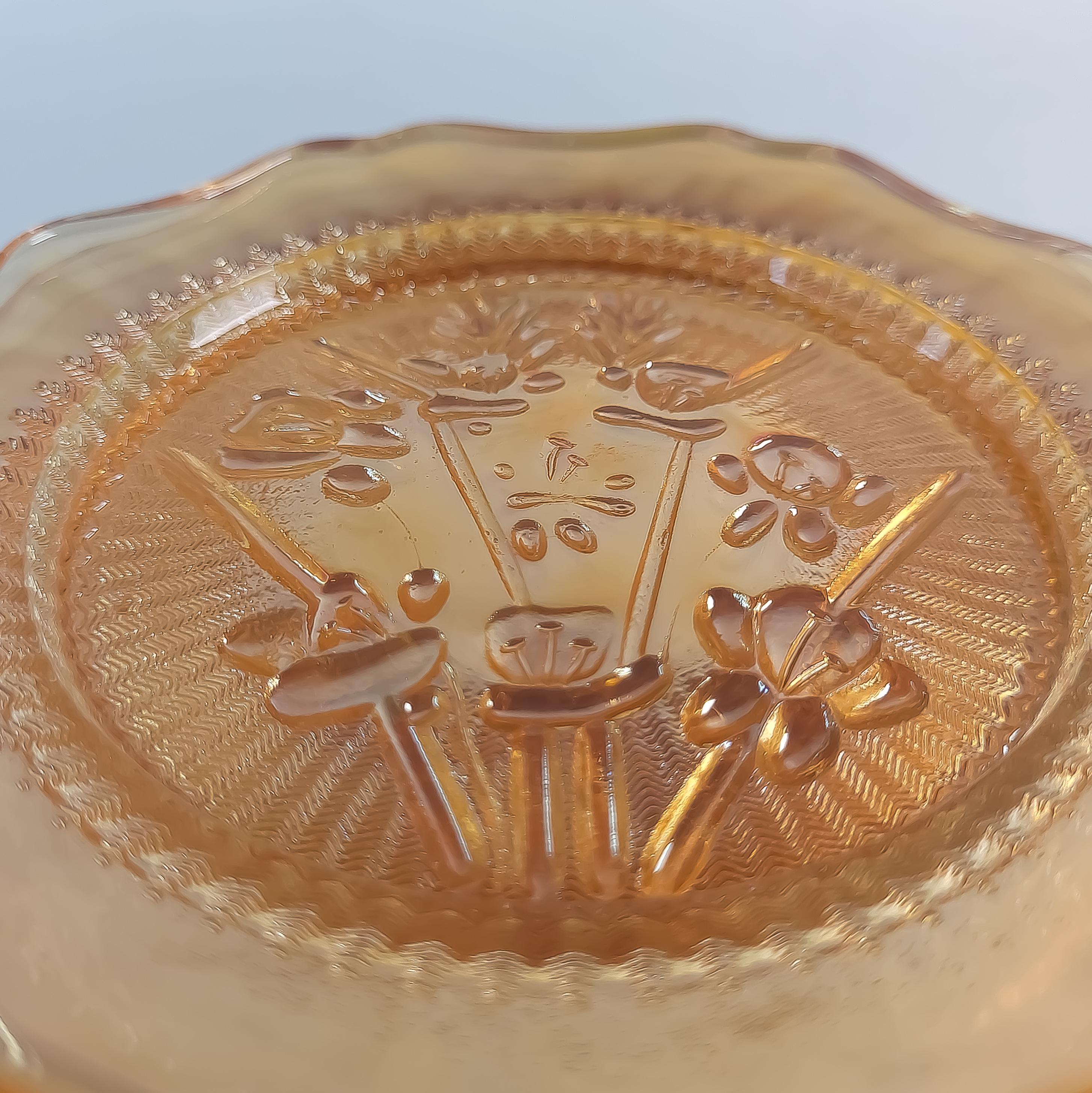 6 Jeannette Glass Saucers, Vintage Iris & Herringbone Amber Glass Plate Set