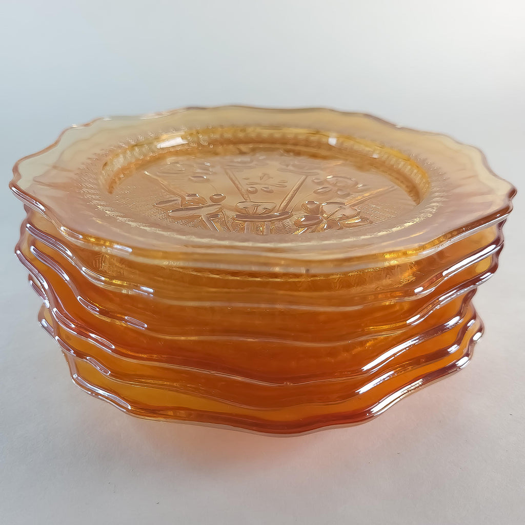 6 Jeannette Glass Saucers, Vintage Iris & Herringbone Amber Glass Plate Set
