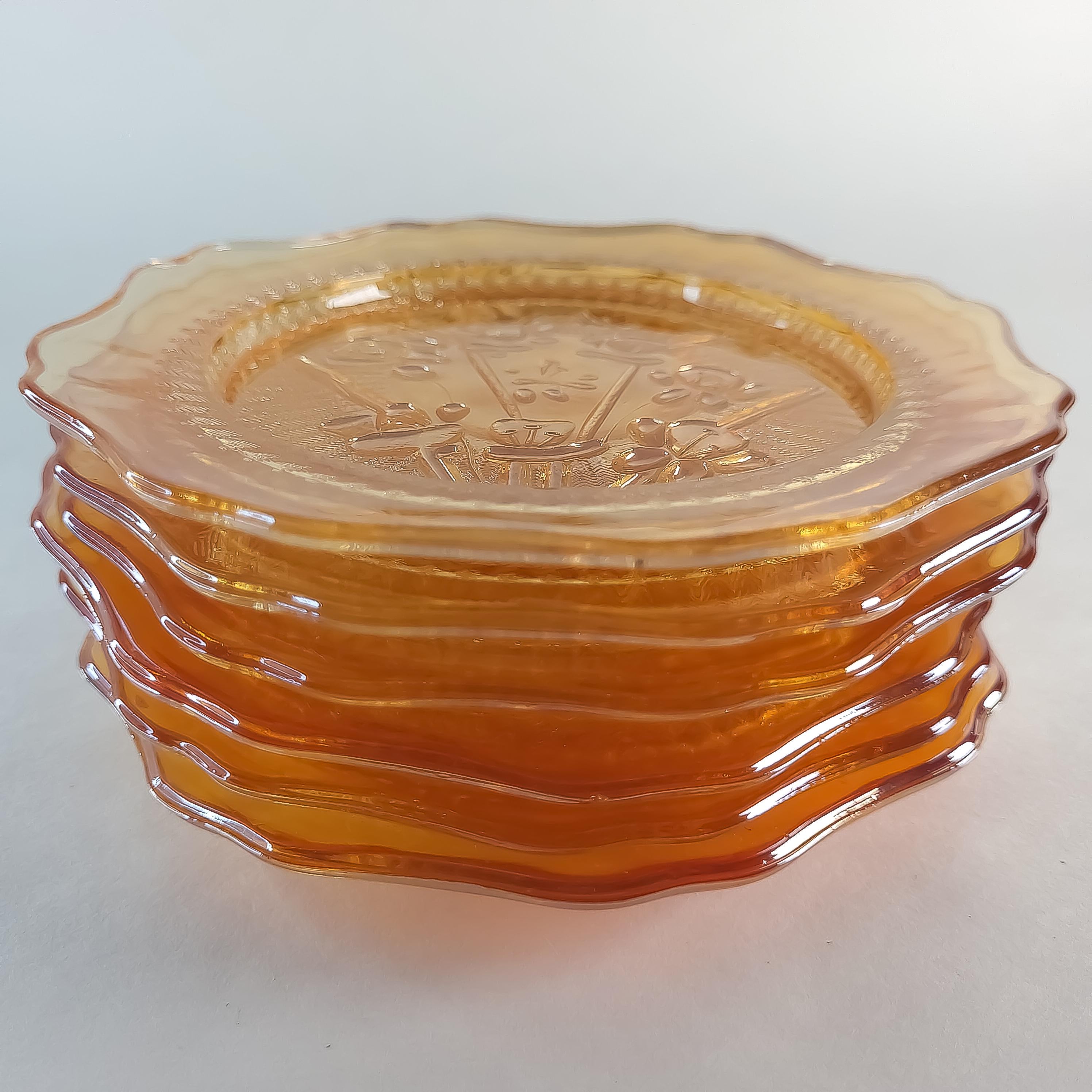 6 Jeannette Glass Saucers, Vintage Iris & Herringbone Amber Glass Plate Set