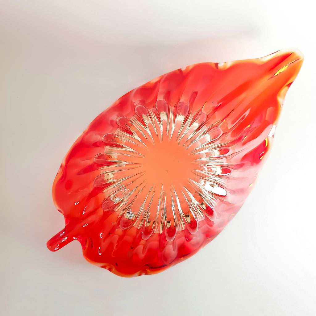 Red Leaf Textured Serving Dish, Vintage Gradient Glass