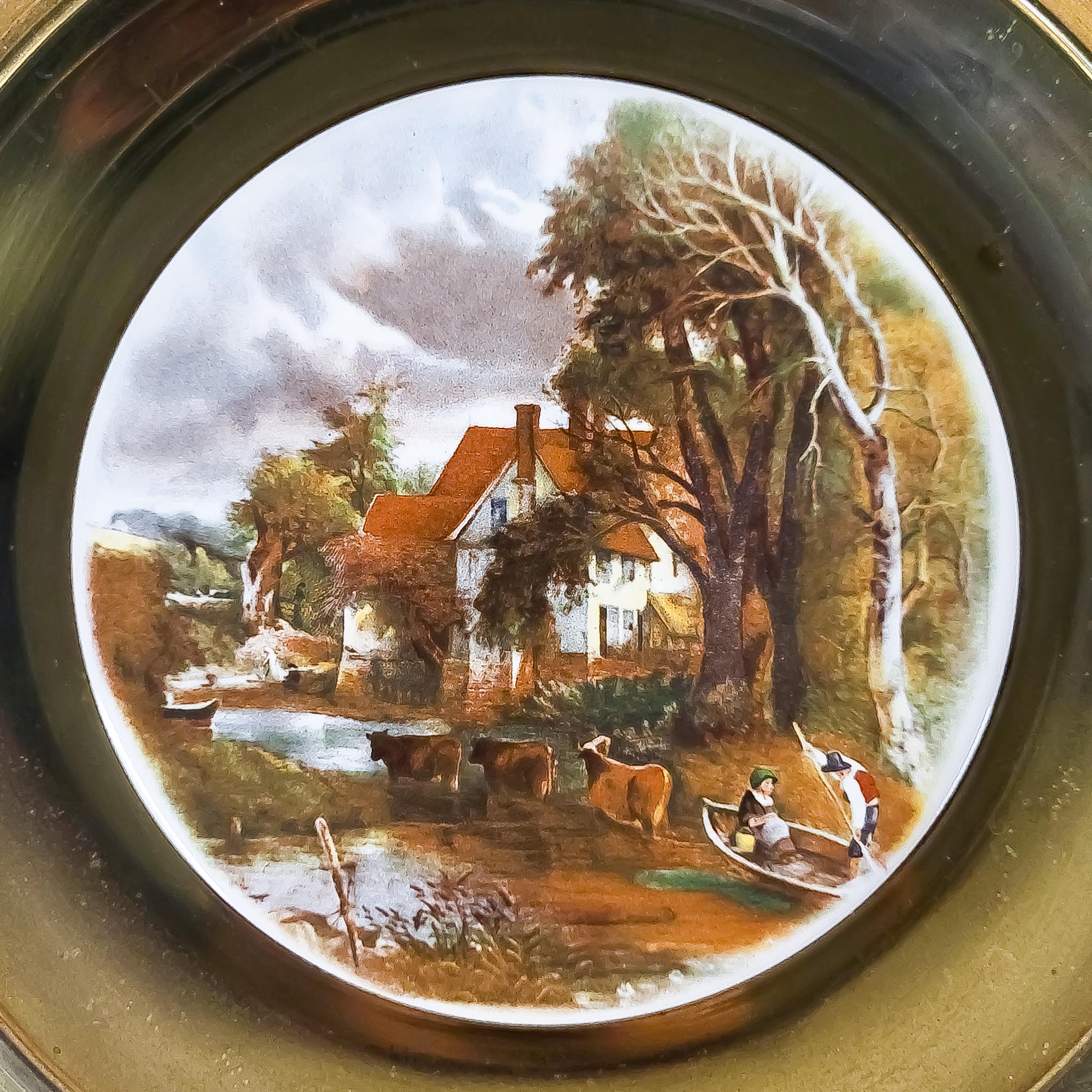 Brass Framed Decorative Plate, Vintage Pastoral Ceramic Wall Hanging