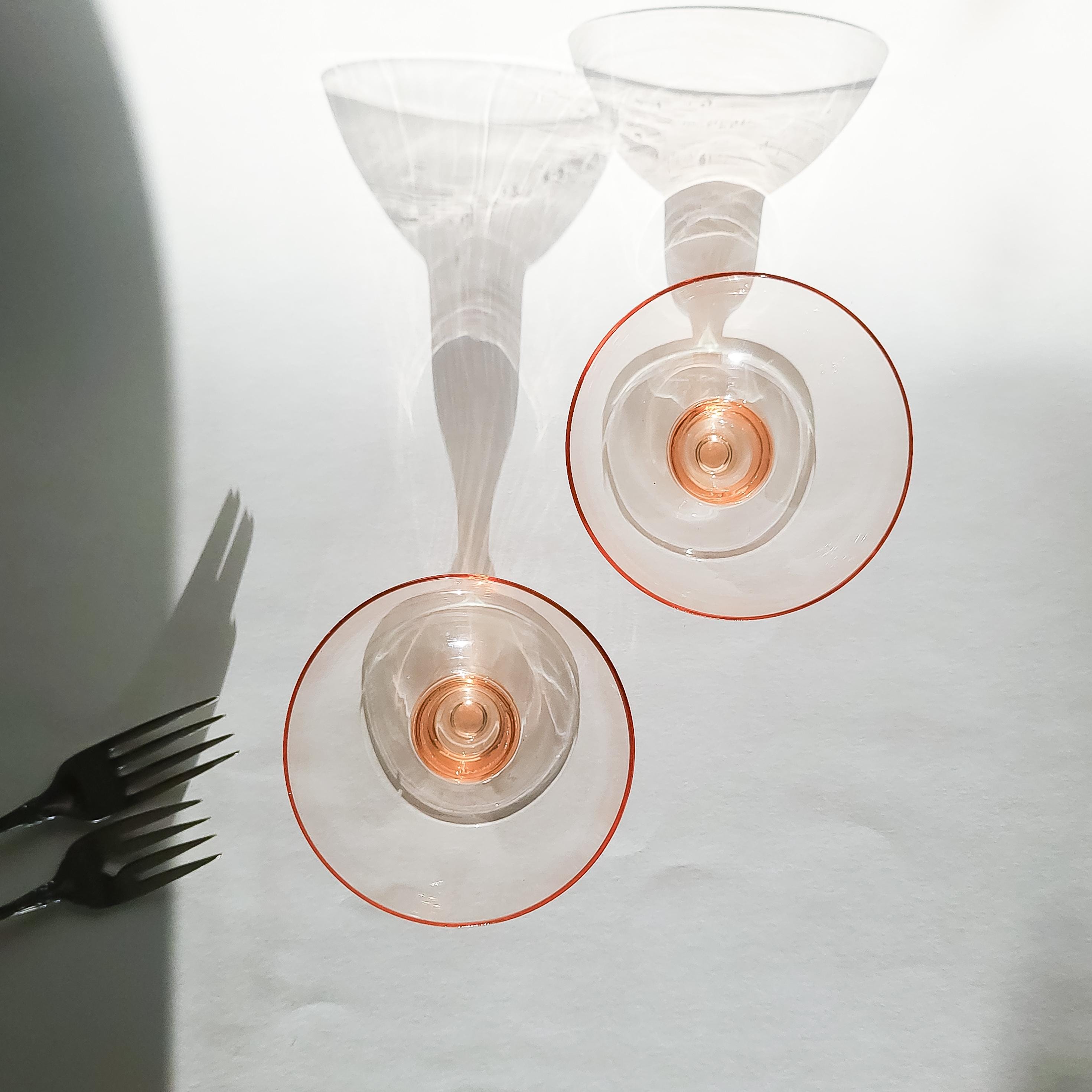 Set of 4 Vintage Pink Glass Stemware, Cranberry Snifters & Depression Glass Coupes