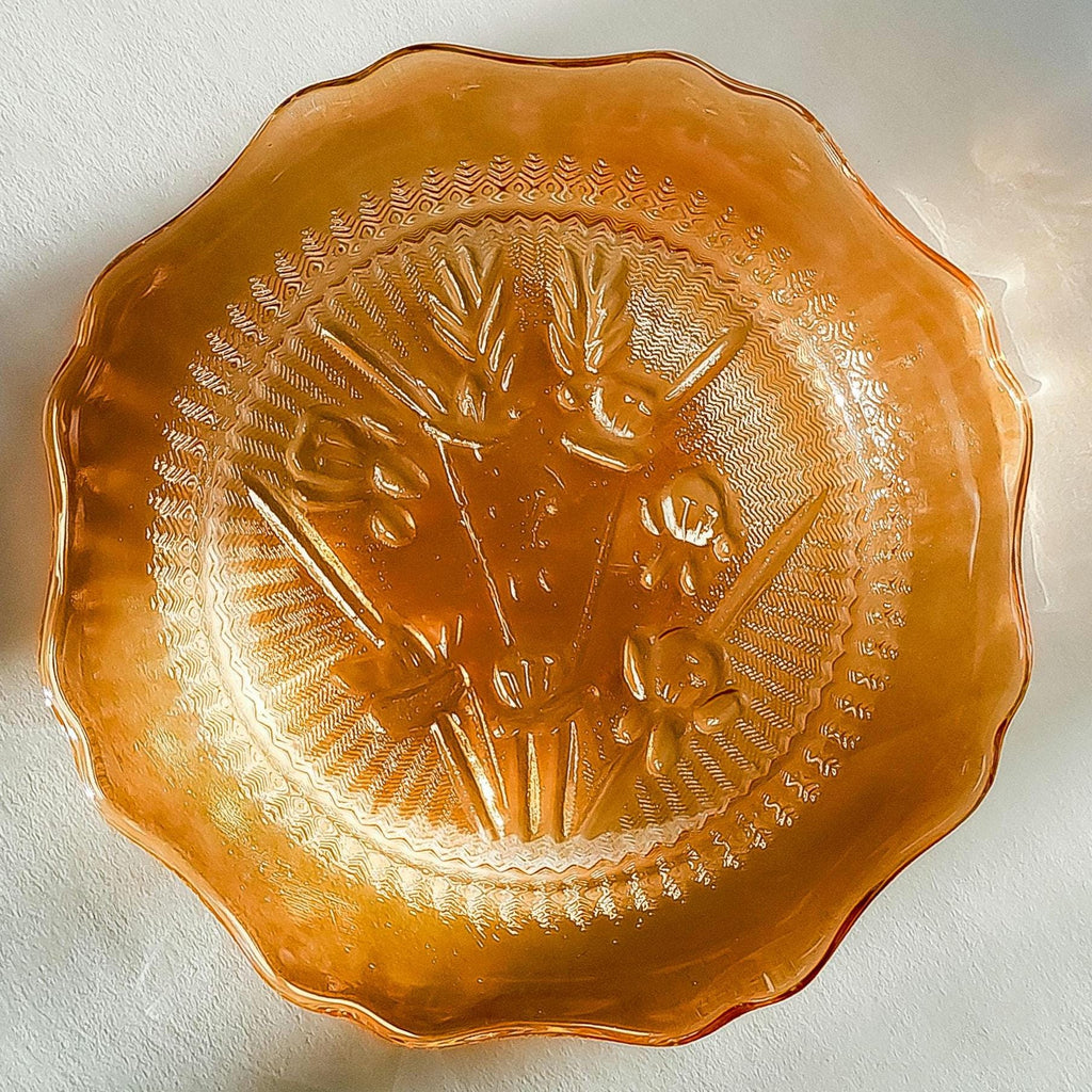 6 Jeannette Glass Saucers, Vintage Iris & Herringbone Amber Glass Plate Set
