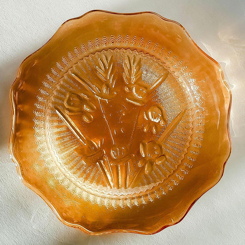 6 Jeannette Glass Saucers, Vintage Iris & Herringbone Amber Glass Plate Set