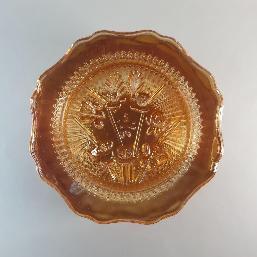 6 Jeannette Glass Saucers, Vintage Iris & Herringbone Amber Glass Plate Set