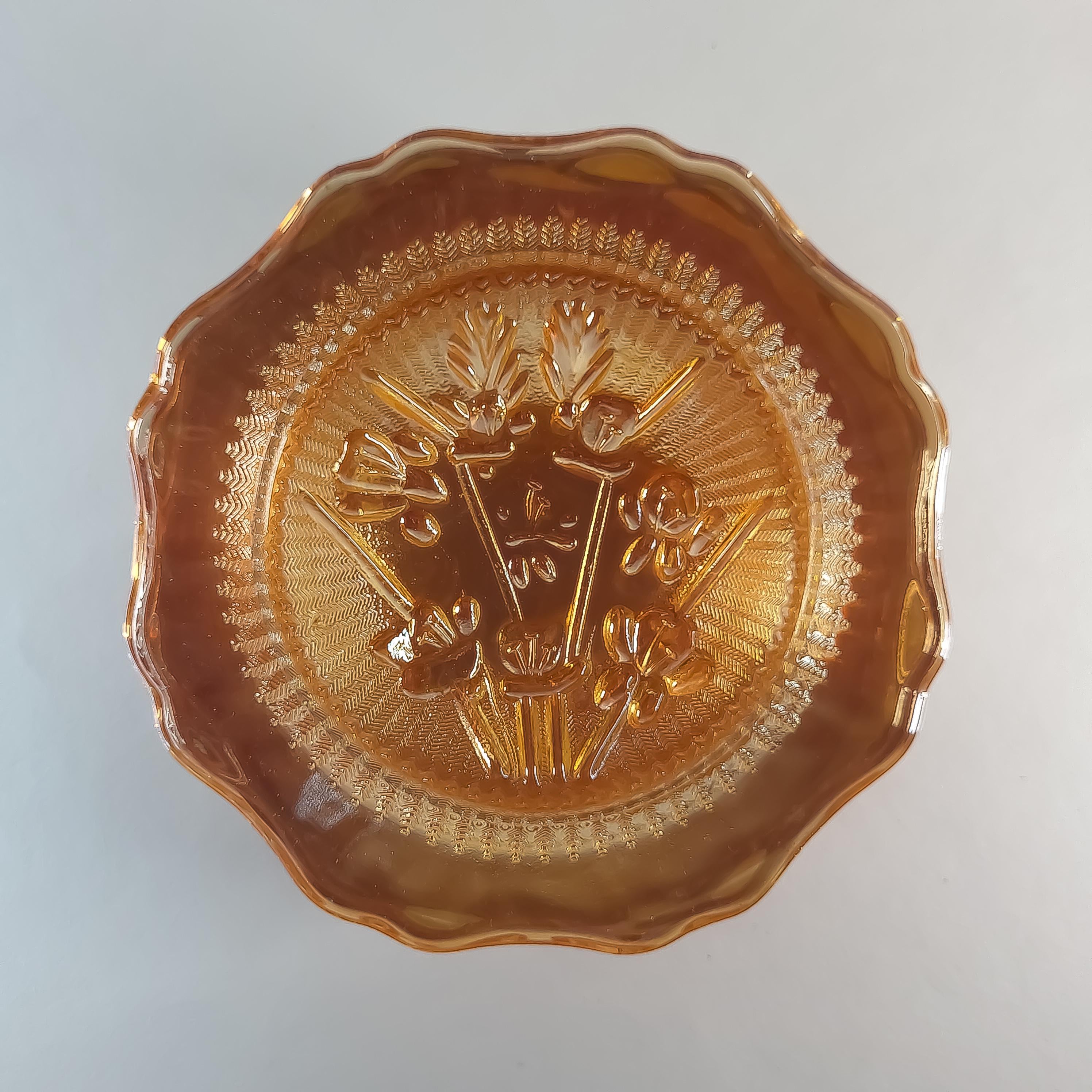 6 Jeannette Glass Saucers, Vintage Iris & Herringbone Amber Glass Plate Set