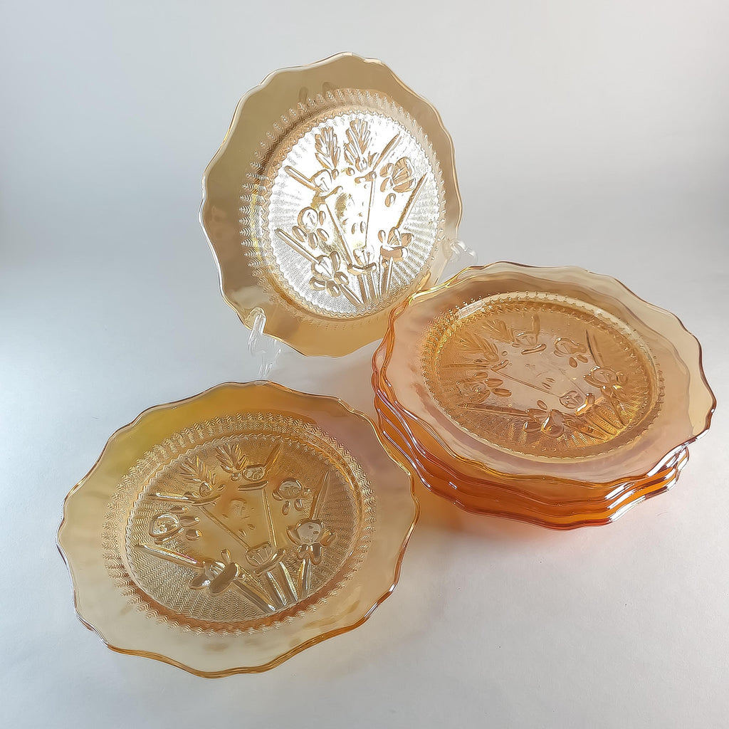 6 Jeannette Glass Saucers, Vintage Iris & Herringbone Amber Glass Plate Set