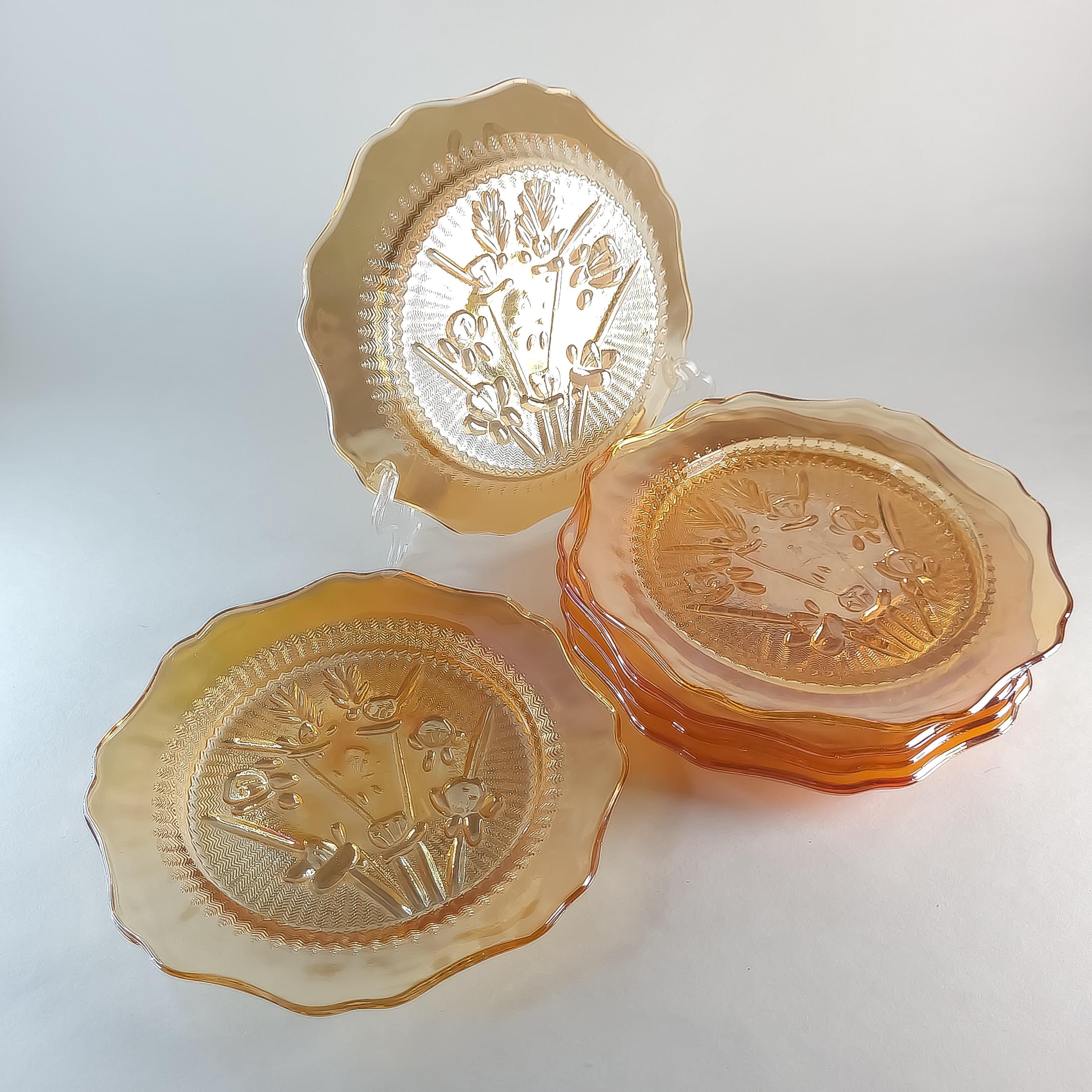 6 Jeannette Glass Saucers, Vintage Iris & Herringbone Amber Glass Plate Set