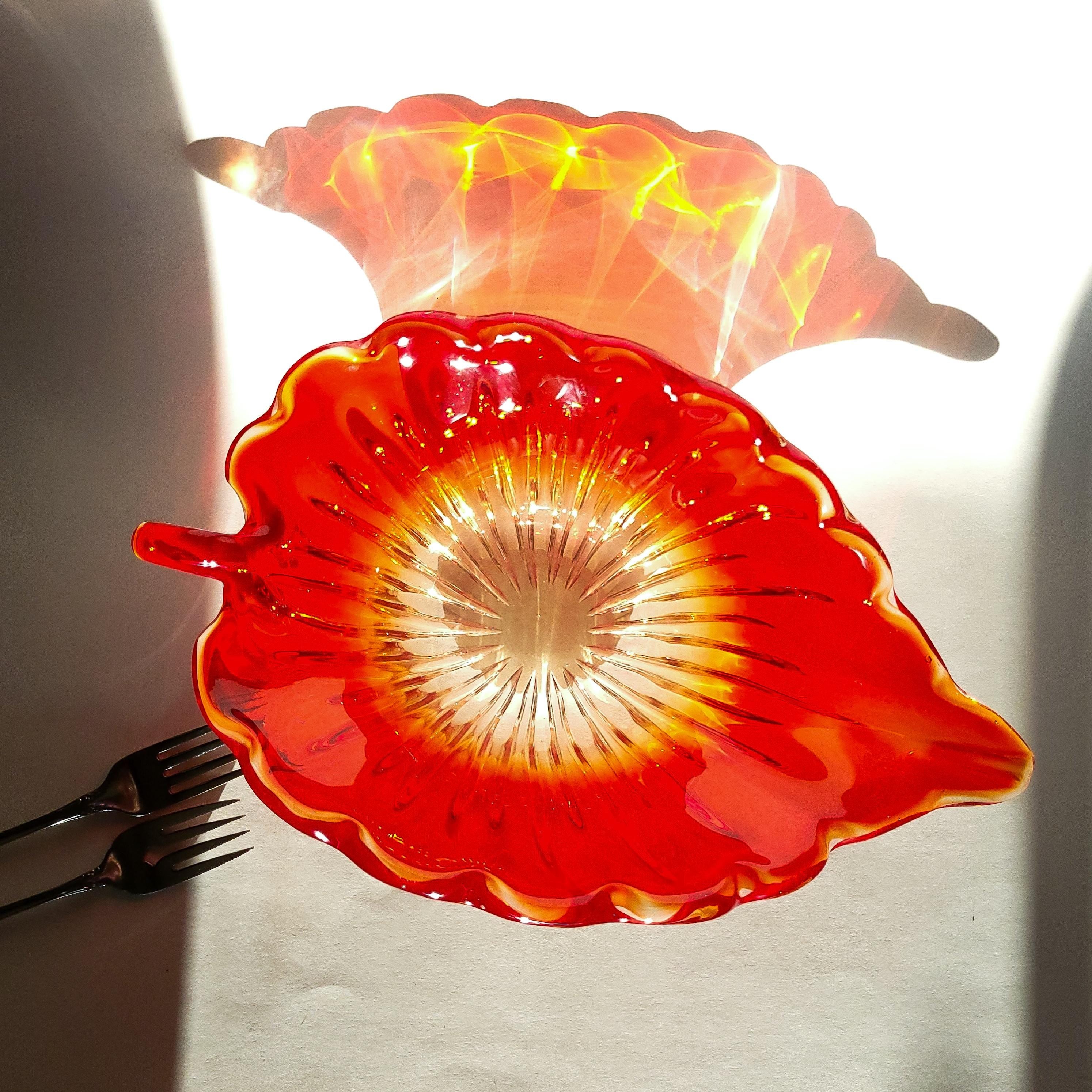Red Leaf Textured Serving Dish, Vintage Gradient Glass