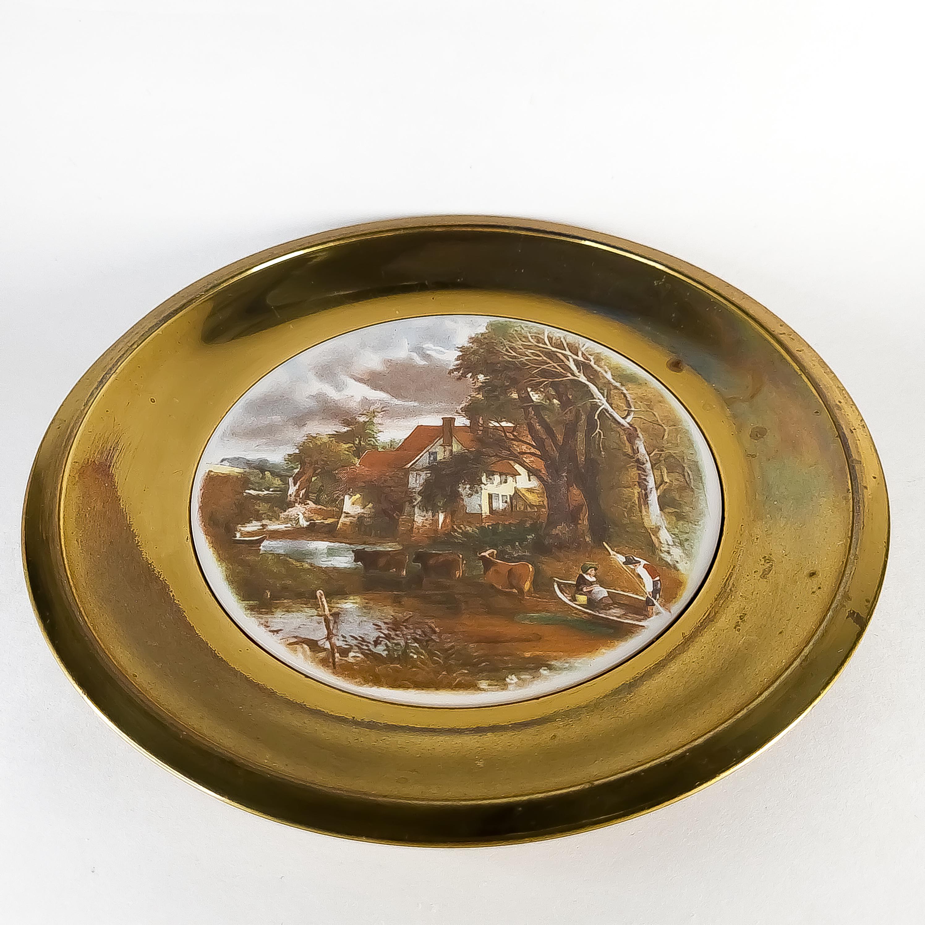 Brass Framed Decorative Plate, Vintage Pastoral Ceramic Wall Hanging