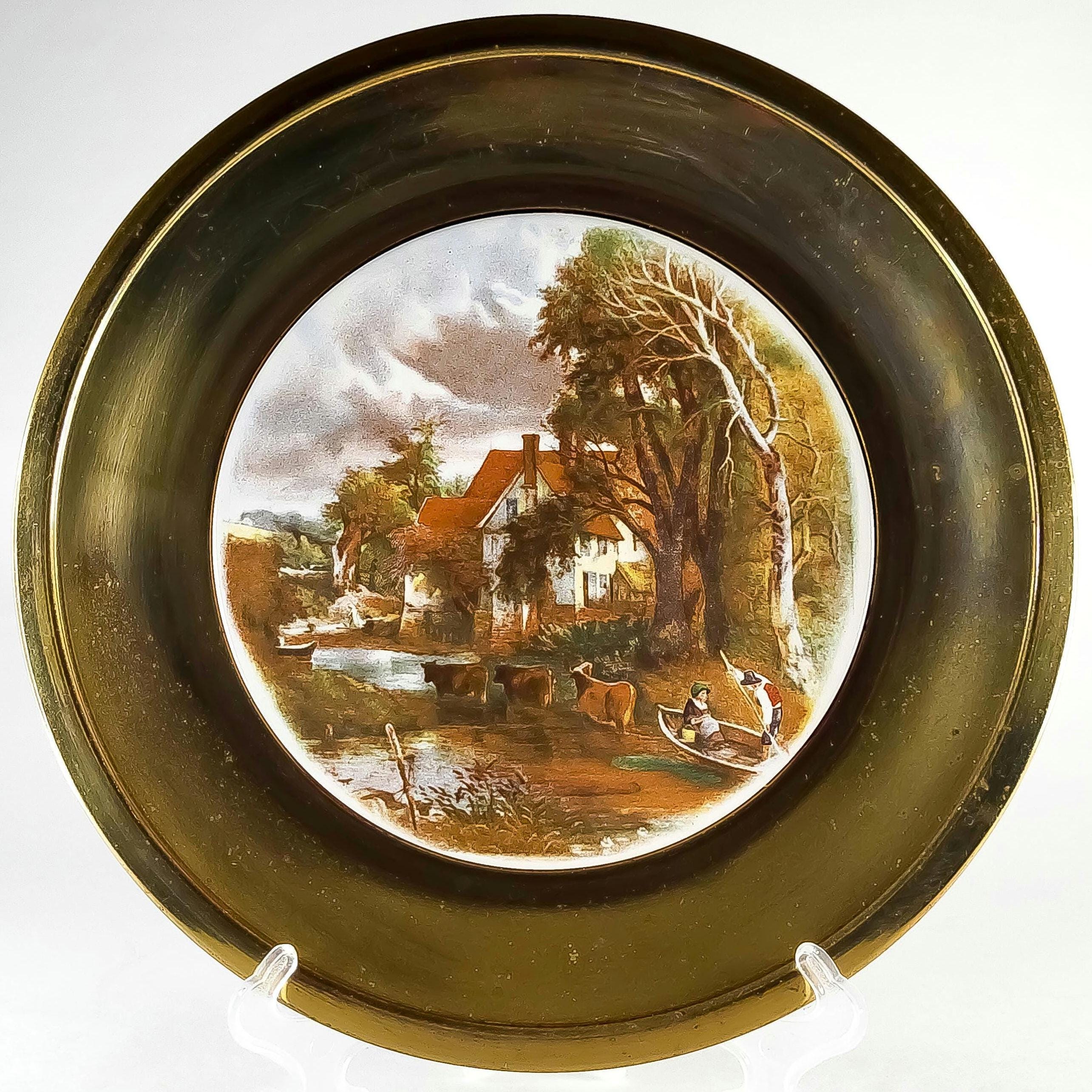 Brass Framed Decorative Plate, Vintage Pastoral Ceramic Wall Hanging