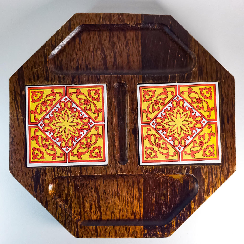 Vintage Mid Century Modern Serving Board, Japanese Wood Charcuterie Platter, Retro Tile Inlay Tray