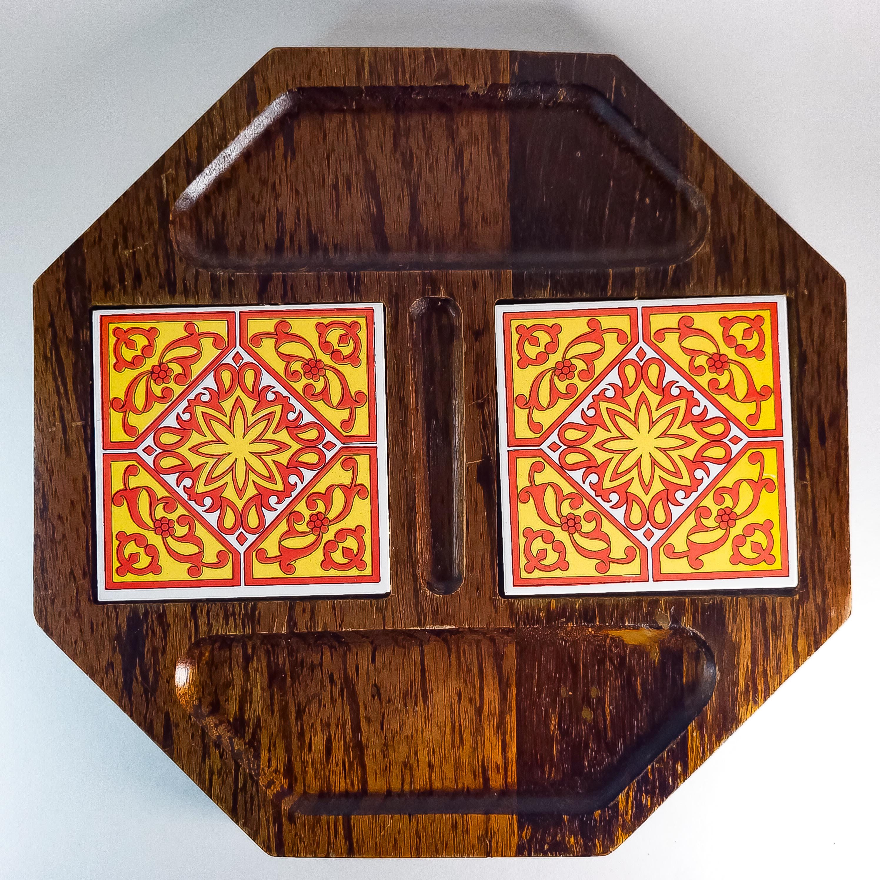Vintage Mid Century Modern Serving Board, Japanese Wood Charcuterie Platter, Retro Tile Inlay Tray