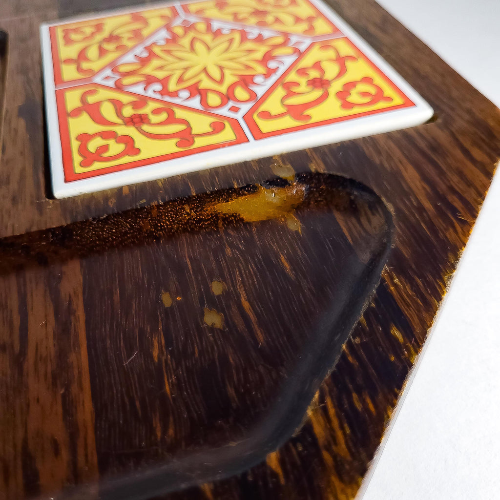 Vintage Mid Century Modern Serving Board, Japanese Wood Charcuterie Platter, Retro Tile Inlay Tray
