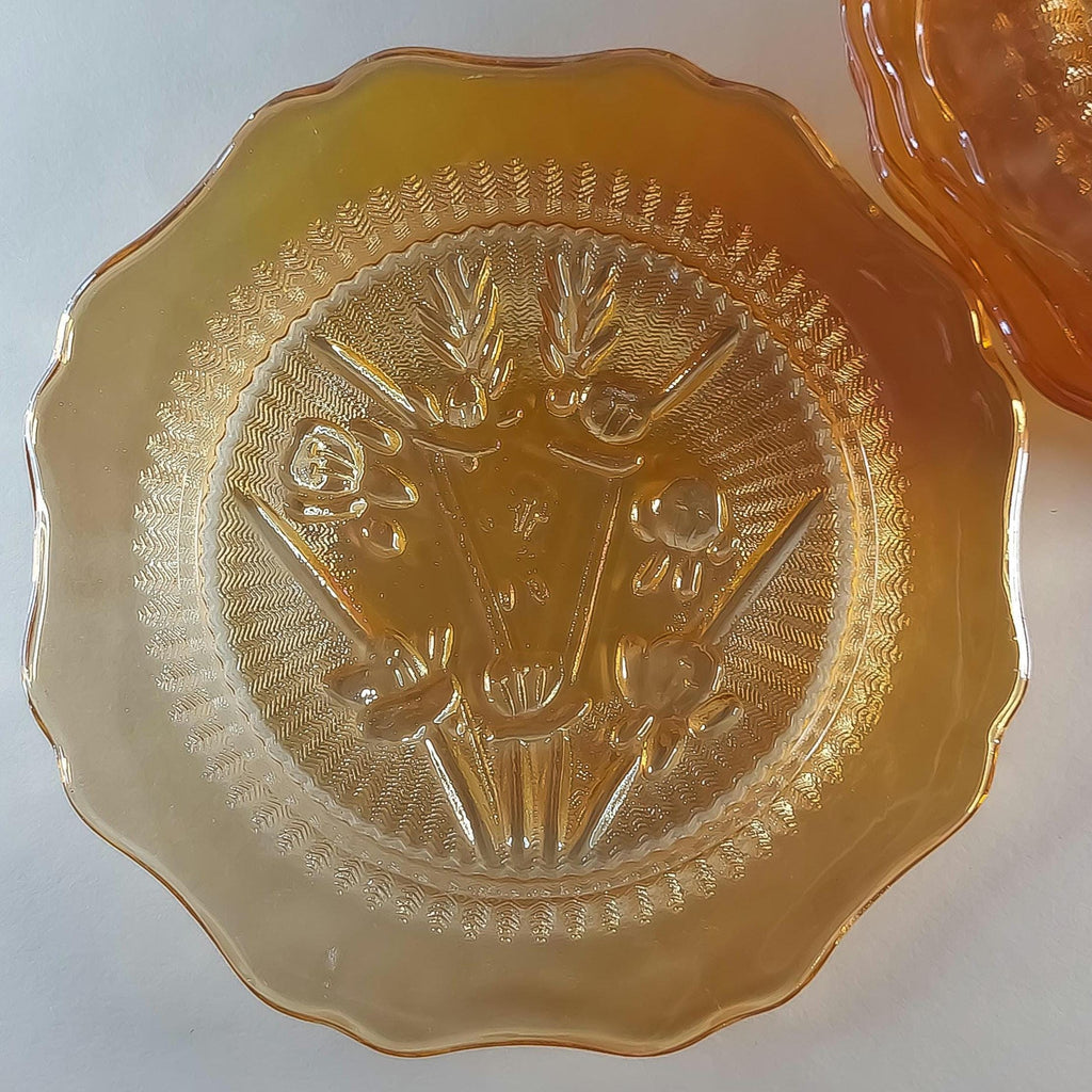 6 Jeannette Glass Saucers, Vintage Iris & Herringbone Amber Glass Plate Set