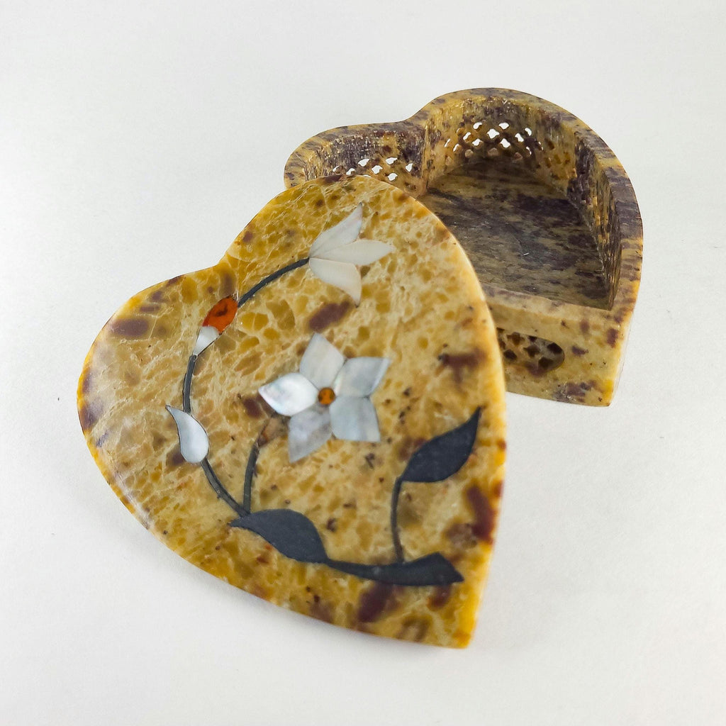 Heart-Shaped Soapstone Trinket Box with Mother-of-Pearl Inlay
