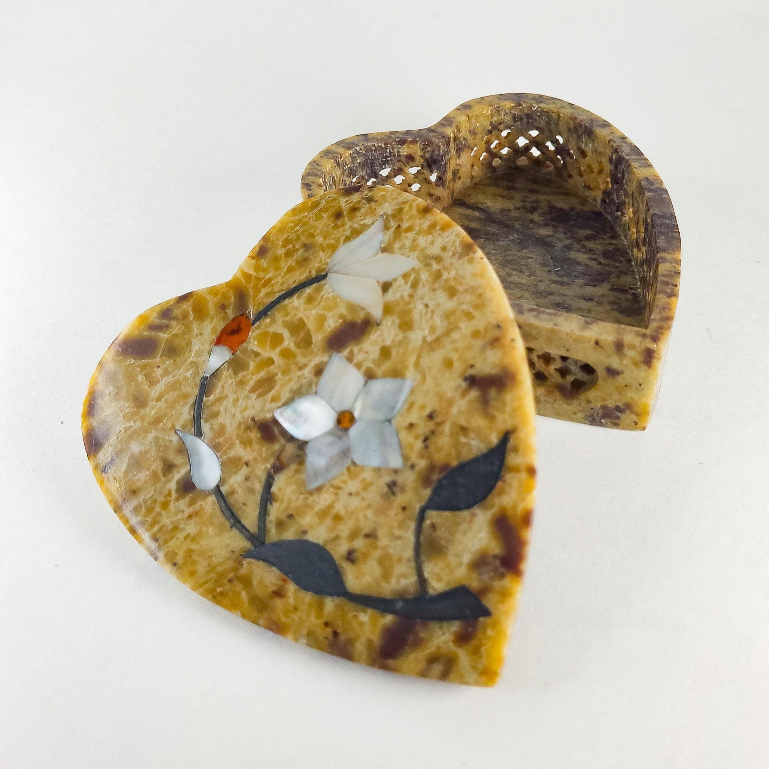 Heart-Shaped Soapstone Trinket Box with Mother-of-Pearl Inlay