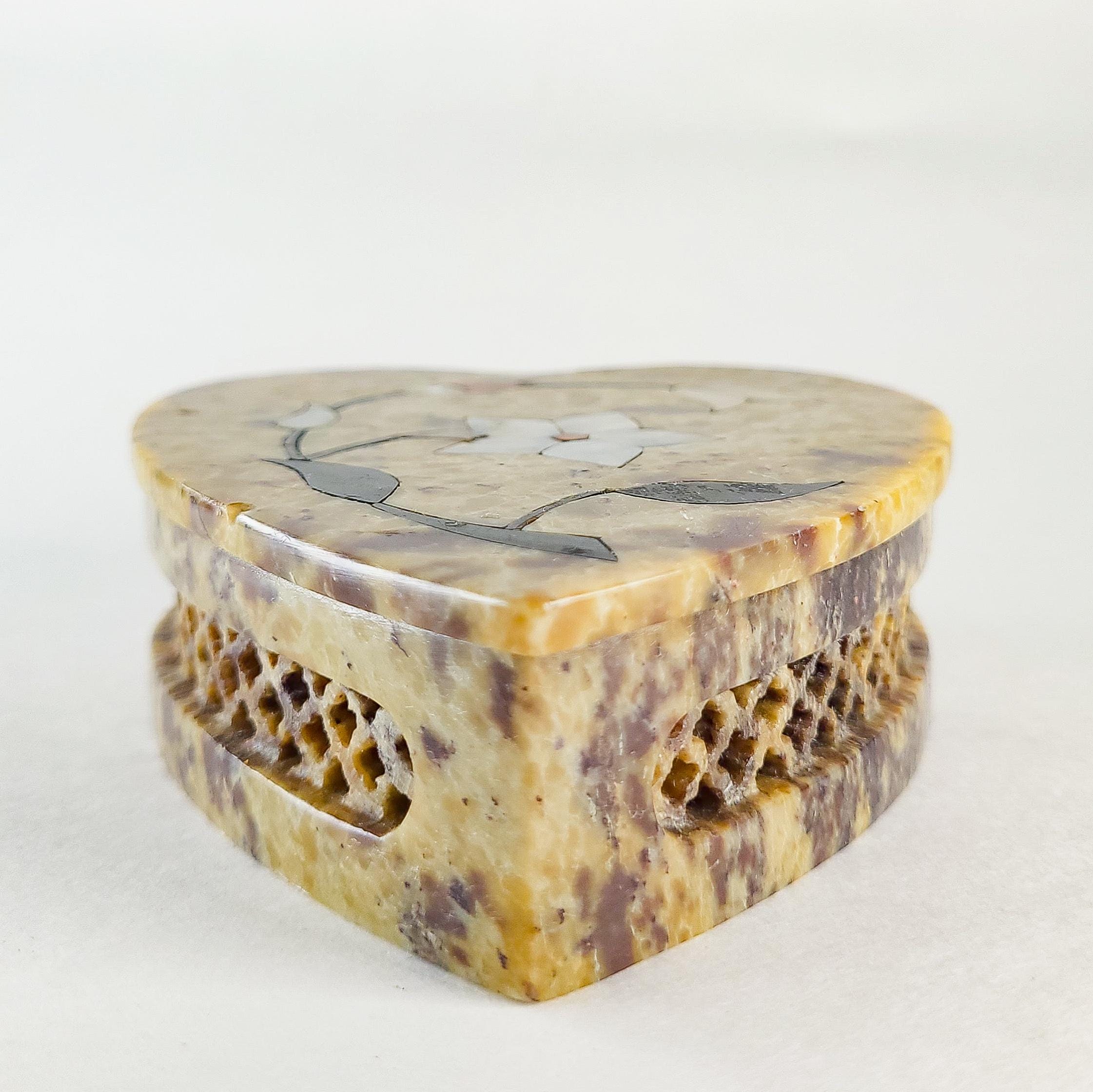 Heart-Shaped Soapstone Trinket Box with Mother-of-Pearl Inlay