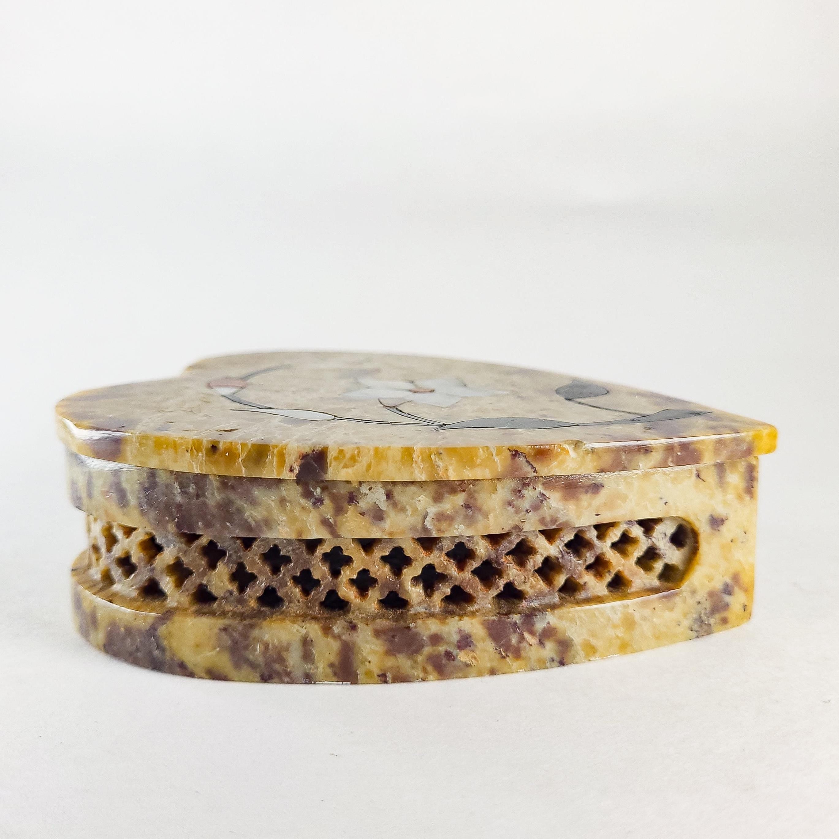 Heart-Shaped Soapstone Trinket Box with Mother-of-Pearl Inlay