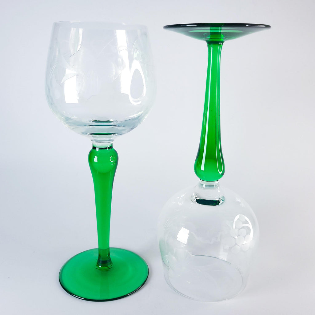 2 Roemer Wine Glasses, Vintage Green Stem Barware