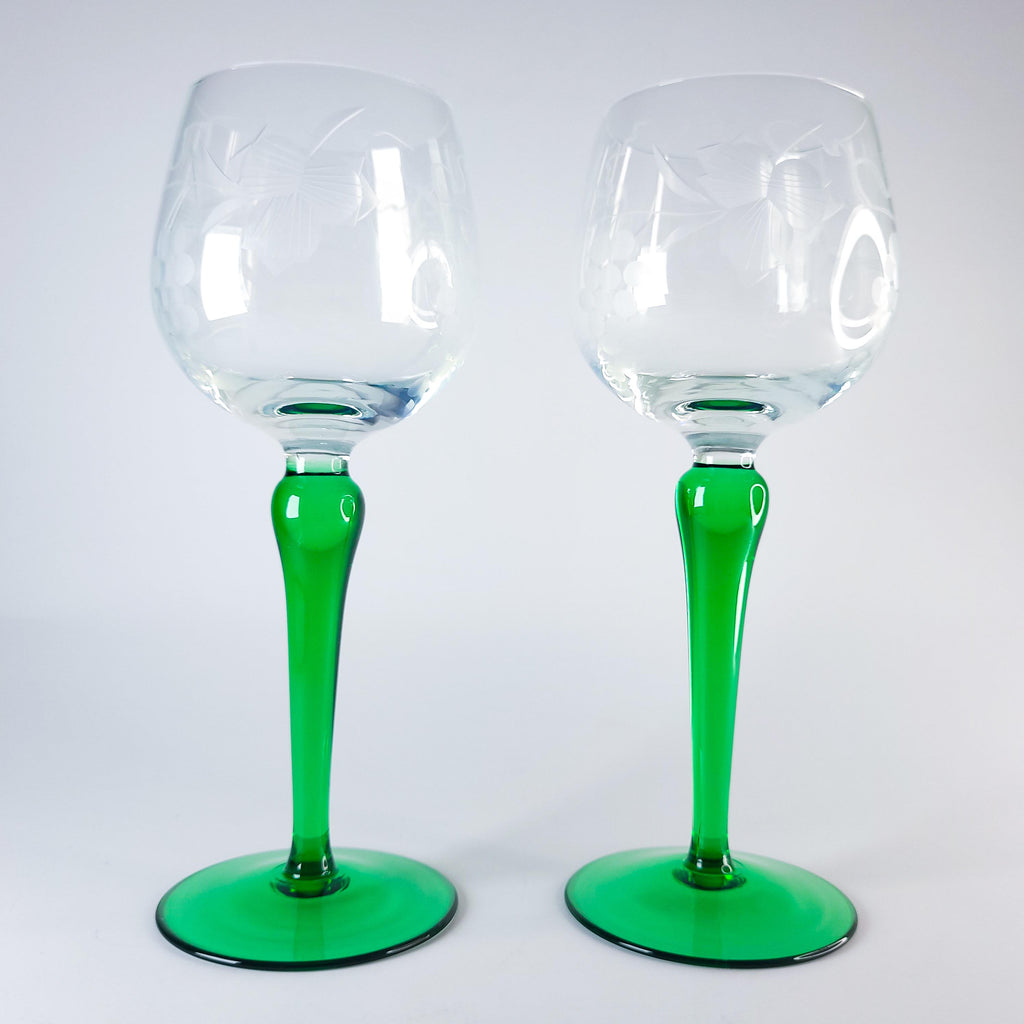 2 Roemer Wine Glasses, Vintage Green Stem Barware