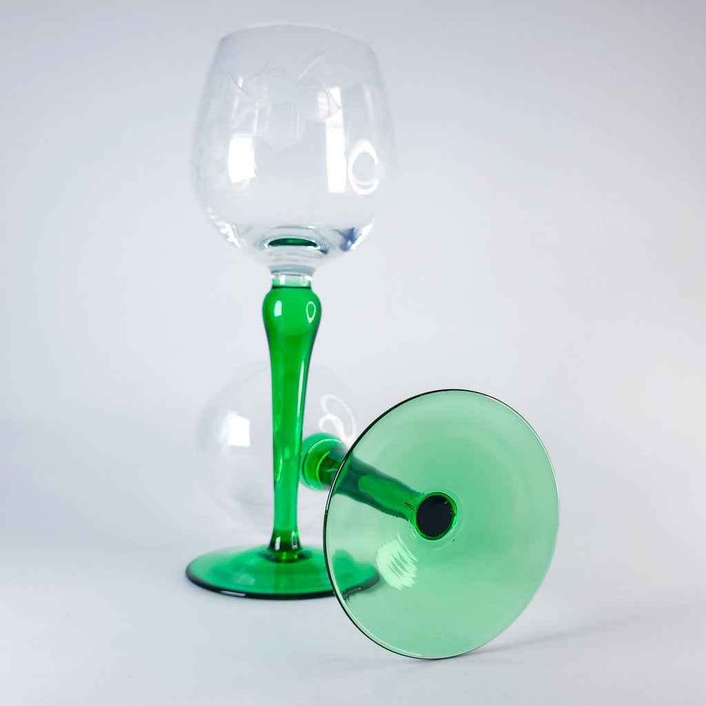 2 Roemer Wine Glasses, Vintage Green Stem Barware