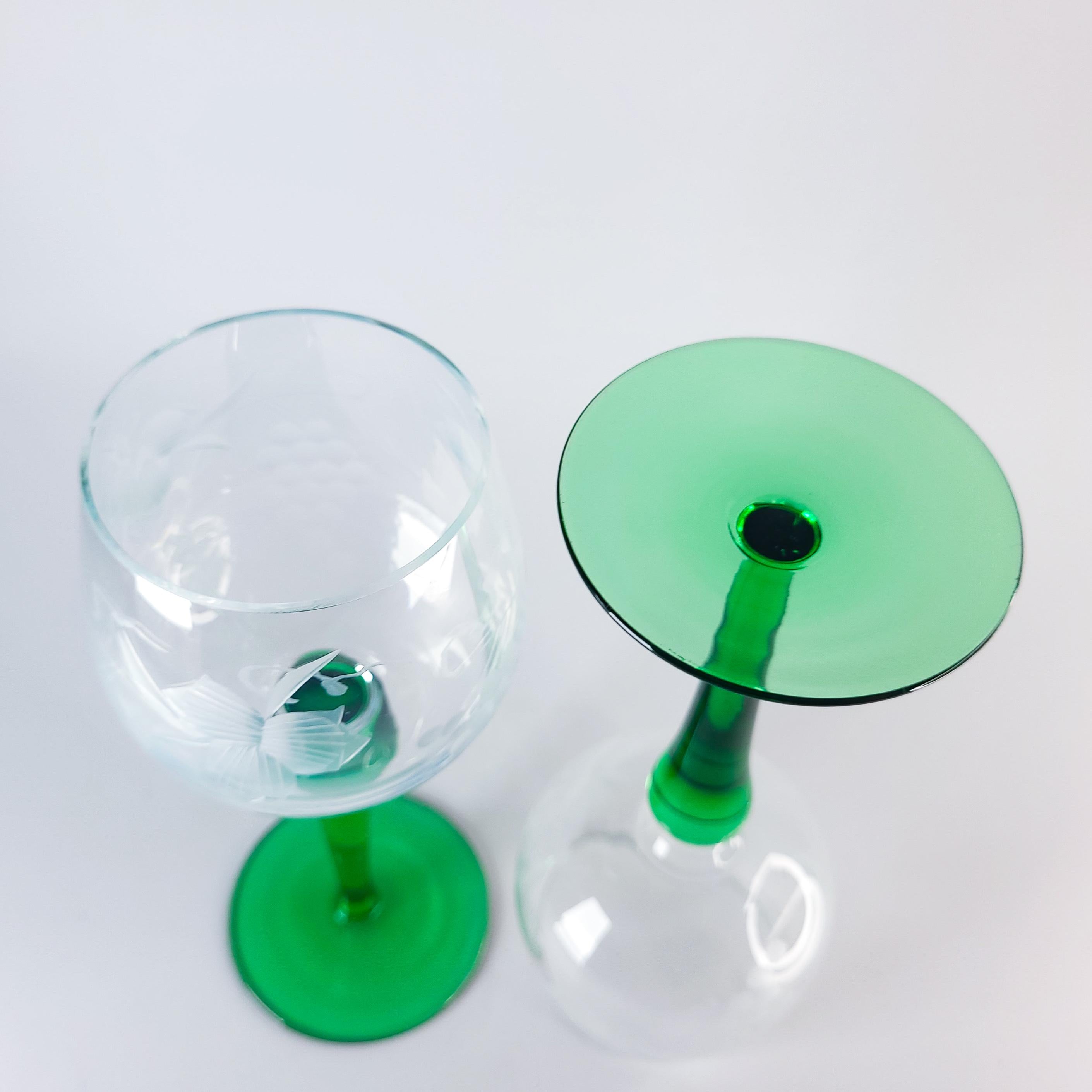 2 Roemer Wine Glasses, Vintage Green Stem Barware