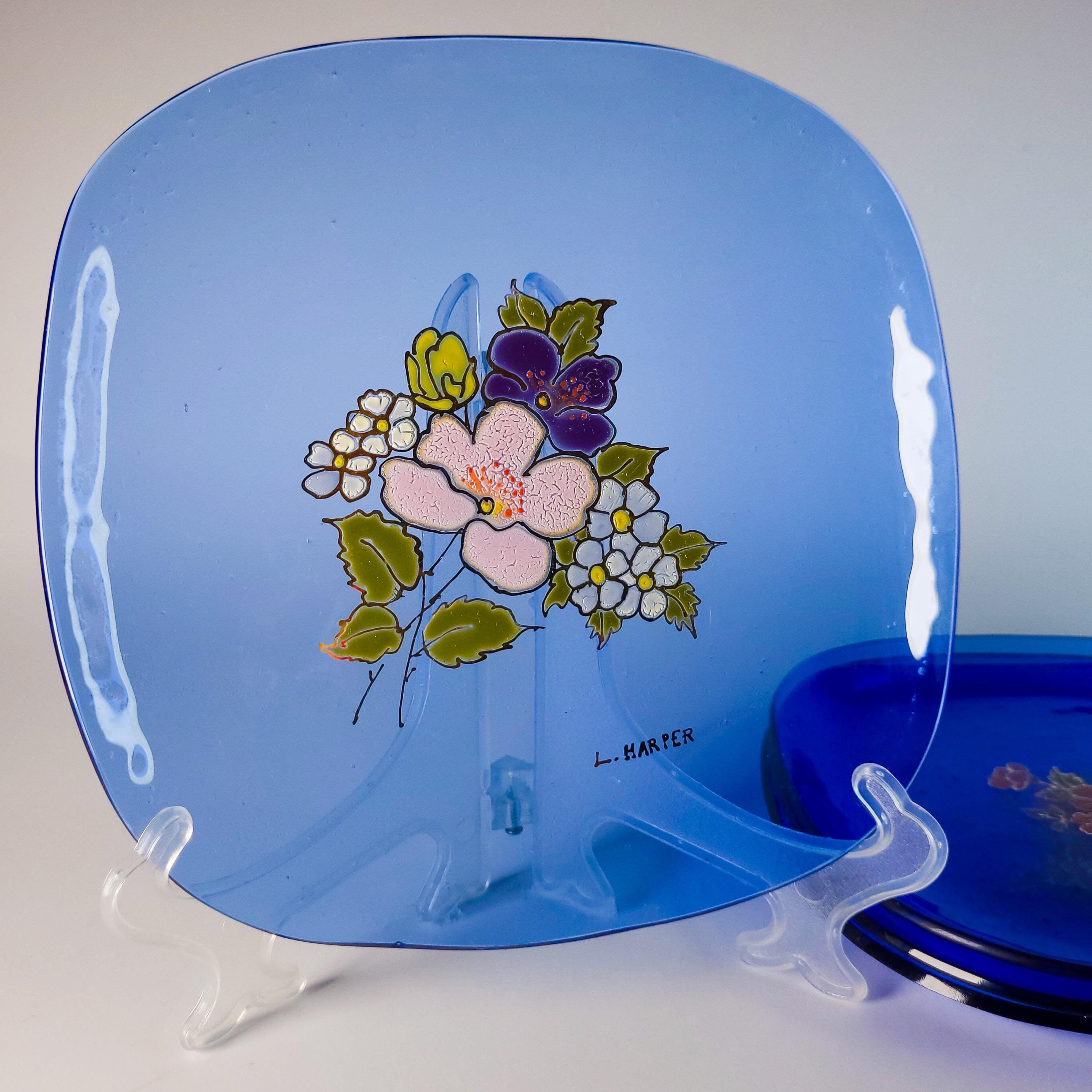 Set of 4 Vintage Cobalt Glass Plates with Gold Overlay