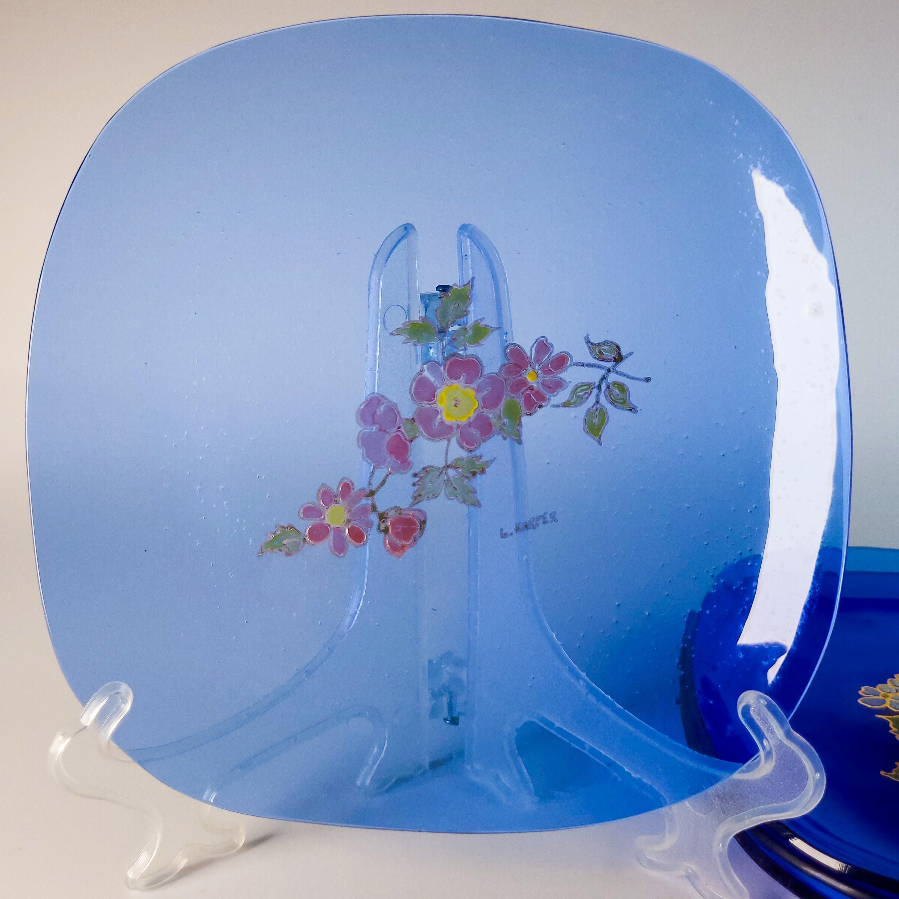 Set of 4 Vintage Cobalt Glass Plates with Gold Overlay