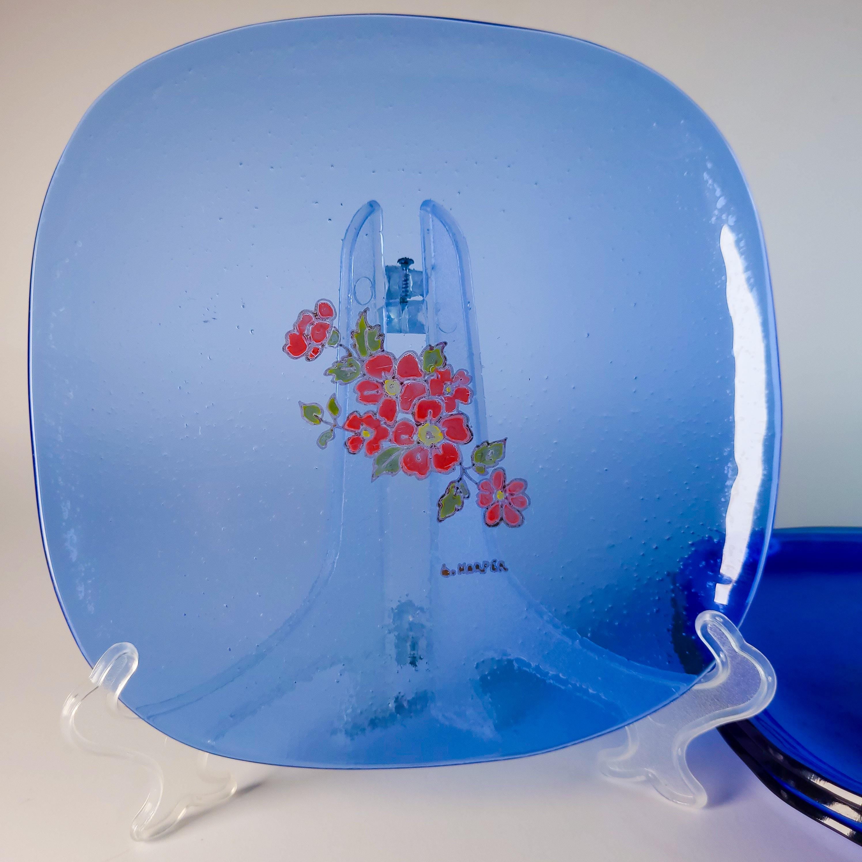 Set of 4 Vintage Cobalt Glass Plates with Gold Overlay