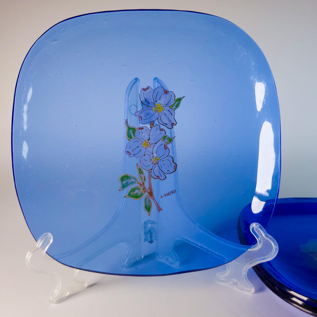 Set of 4 Vintage Cobalt Glass Plates with Gold Overlay