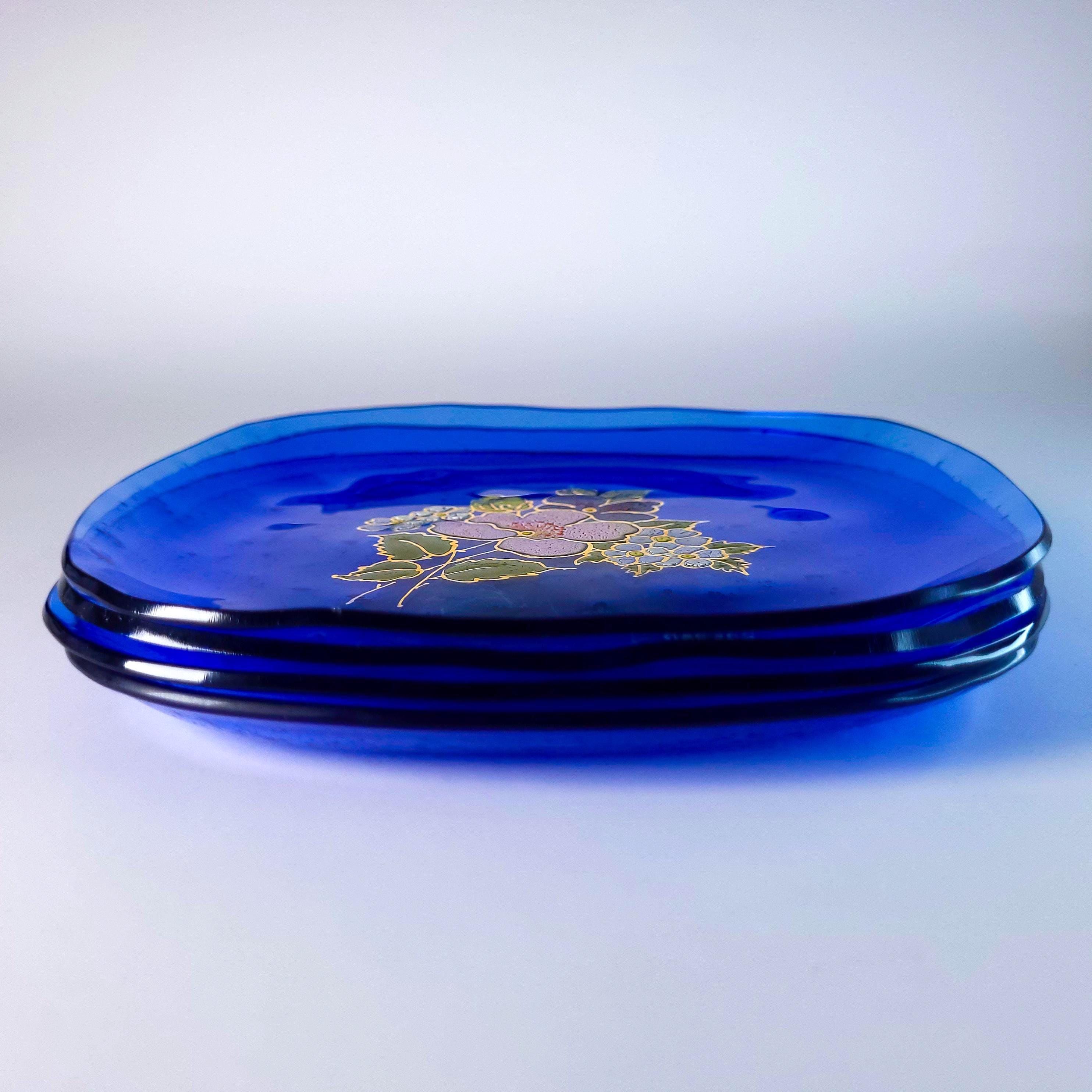 Set of 4 Vintage Cobalt Glass Plates with Gold Overlay