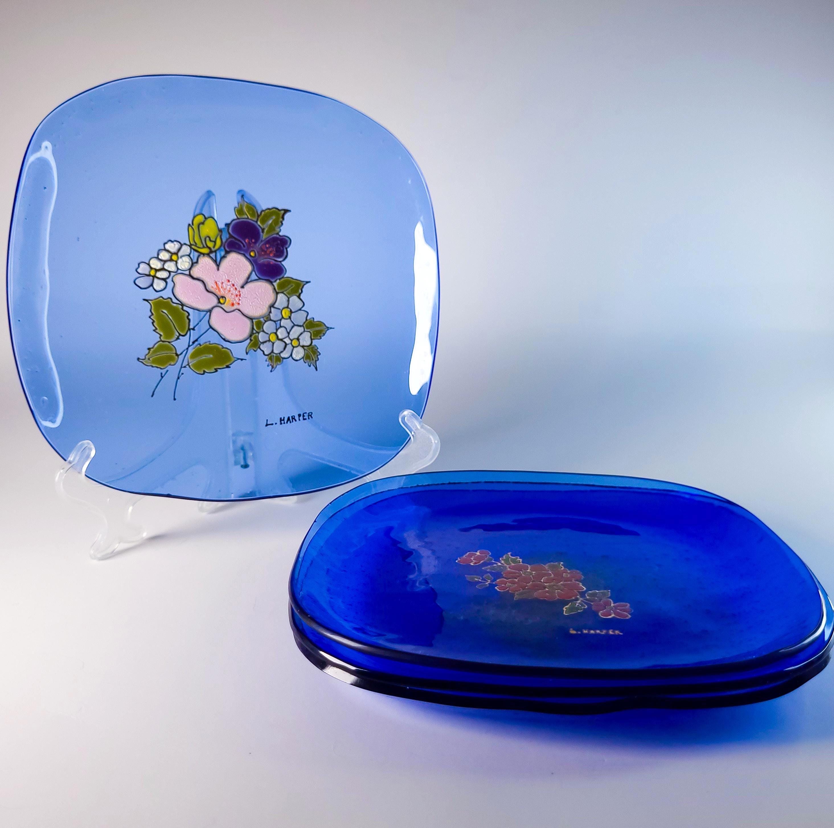 Set of 4 Vintage Cobalt Glass Plates with Gold Overlay