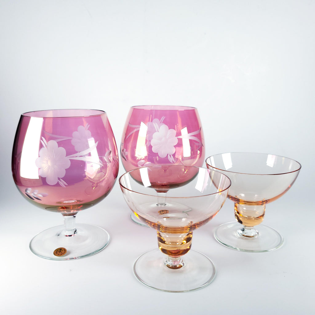 Set of 4 Vintage Pink Glass Stemware, Cranberry Snifters & Depression Glass Coupes