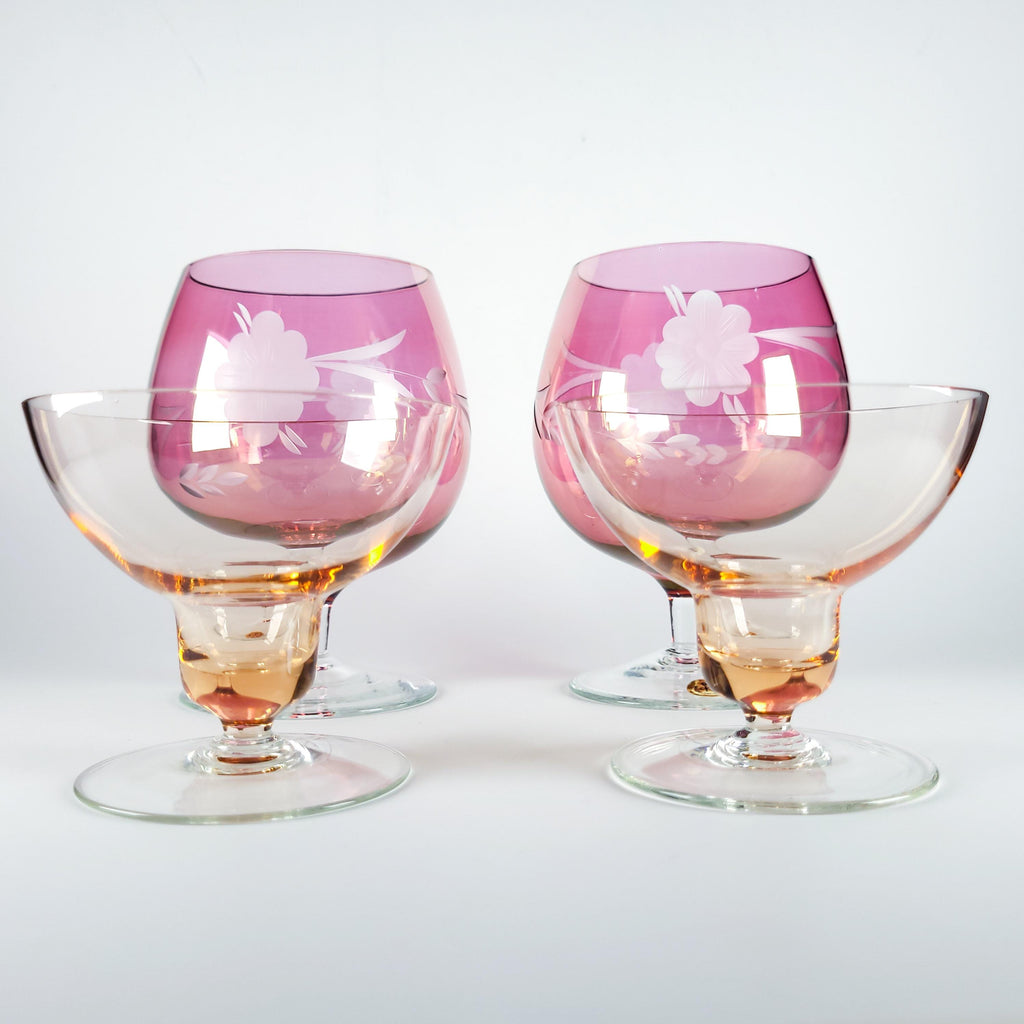 Set of 4 Vintage Pink Glass Stemware, Cranberry Snifters & Depression Glass Coupes