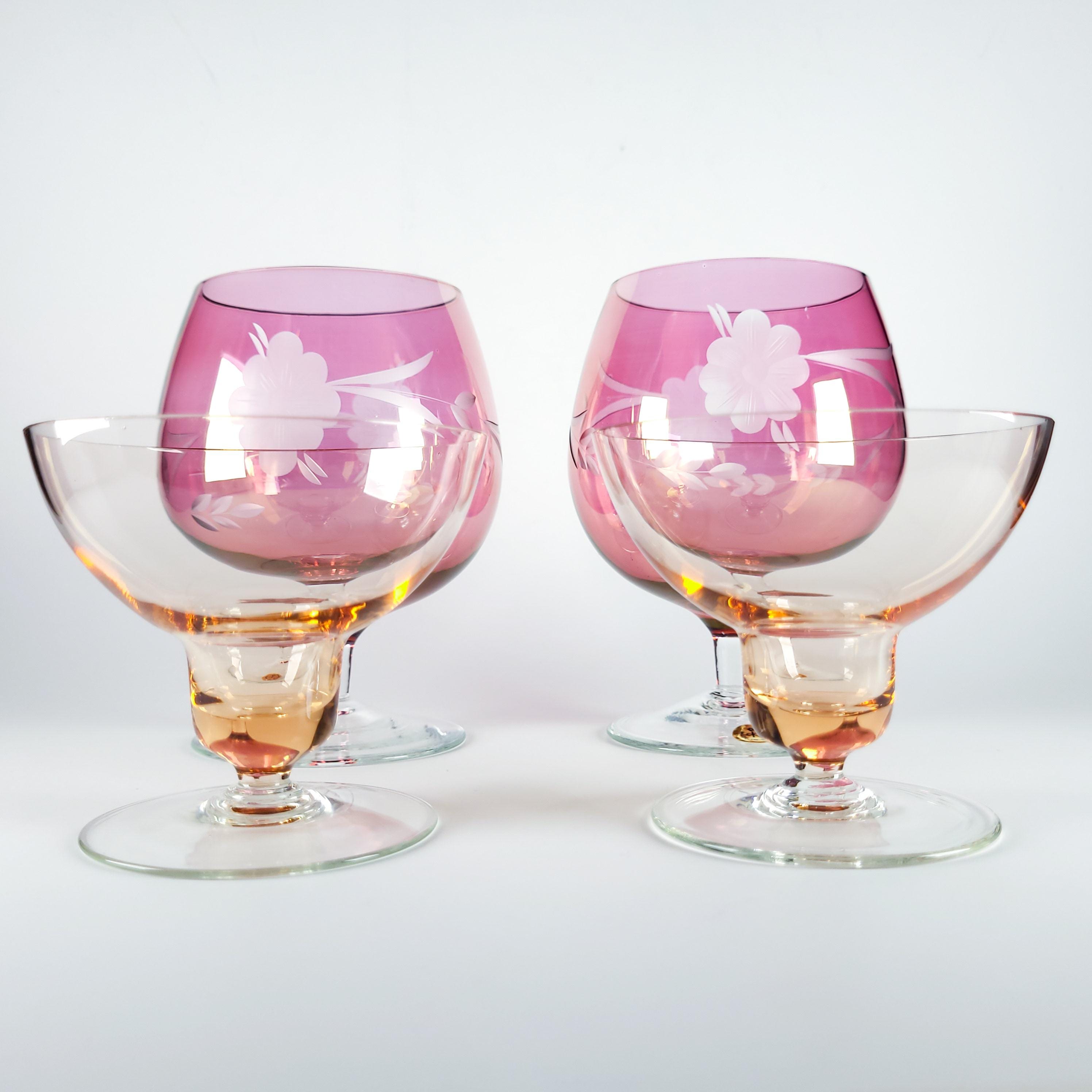 Set of 4 Vintage Pink Glass Stemware, Cranberry Snifters & Depression Glass Coupes