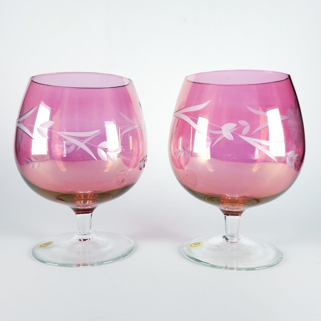 Set of 4 Vintage Pink Glass Stemware, Cranberry Snifters & Depression Glass Coupes