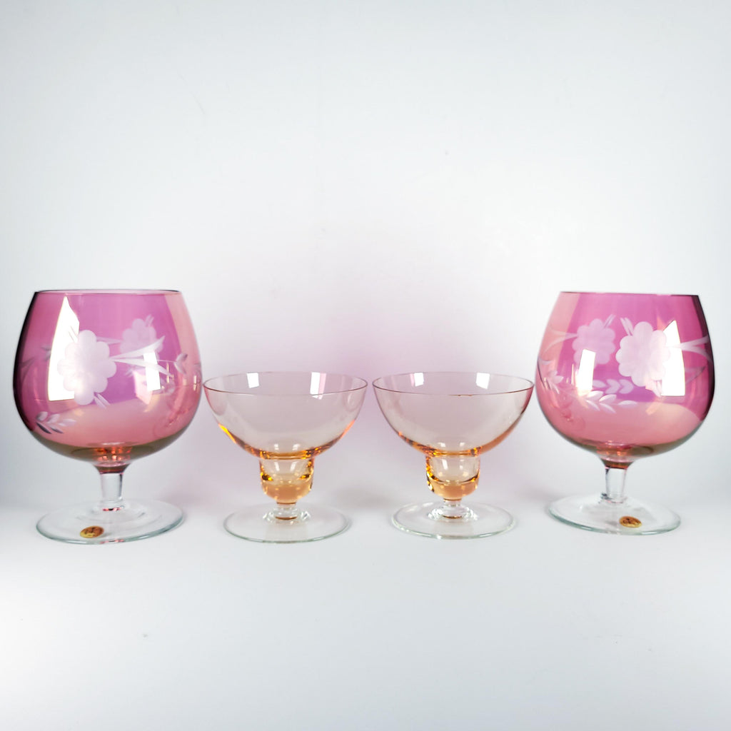 Set of 4 Vintage Pink Glass Stemware, Cranberry Snifters & Depression Glass Coupes