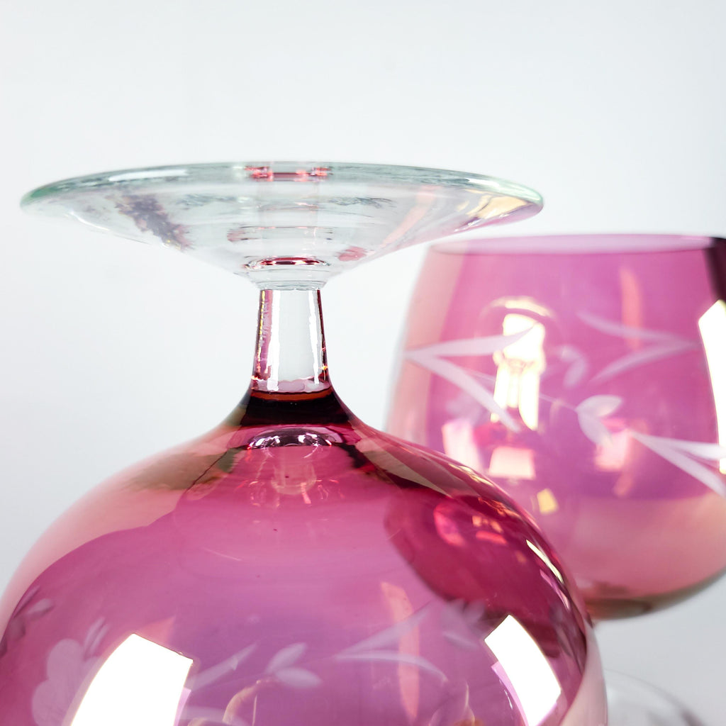 Set of 4 Vintage Pink Glass Stemware, Cranberry Snifters & Depression Glass Coupes