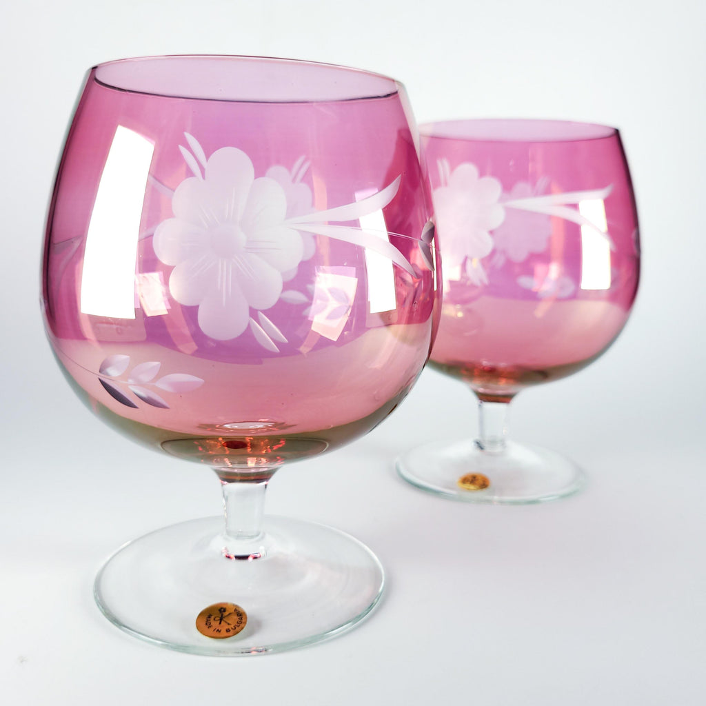 Set of 4 Vintage Pink Glass Stemware, Cranberry Snifters & Depression Glass Coupes