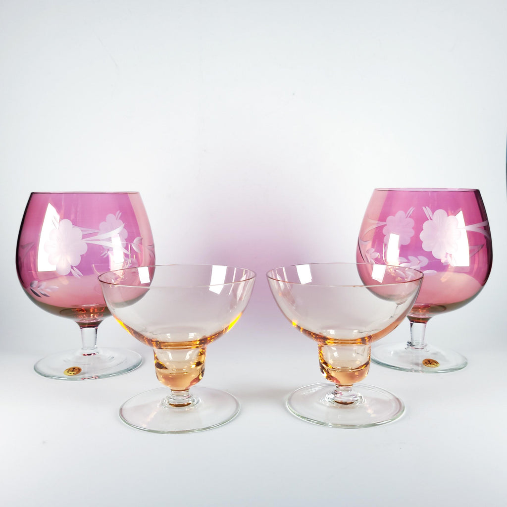 Set of 4 Vintage Pink Glass Stemware, Cranberry Snifters & Depression Glass Coupes