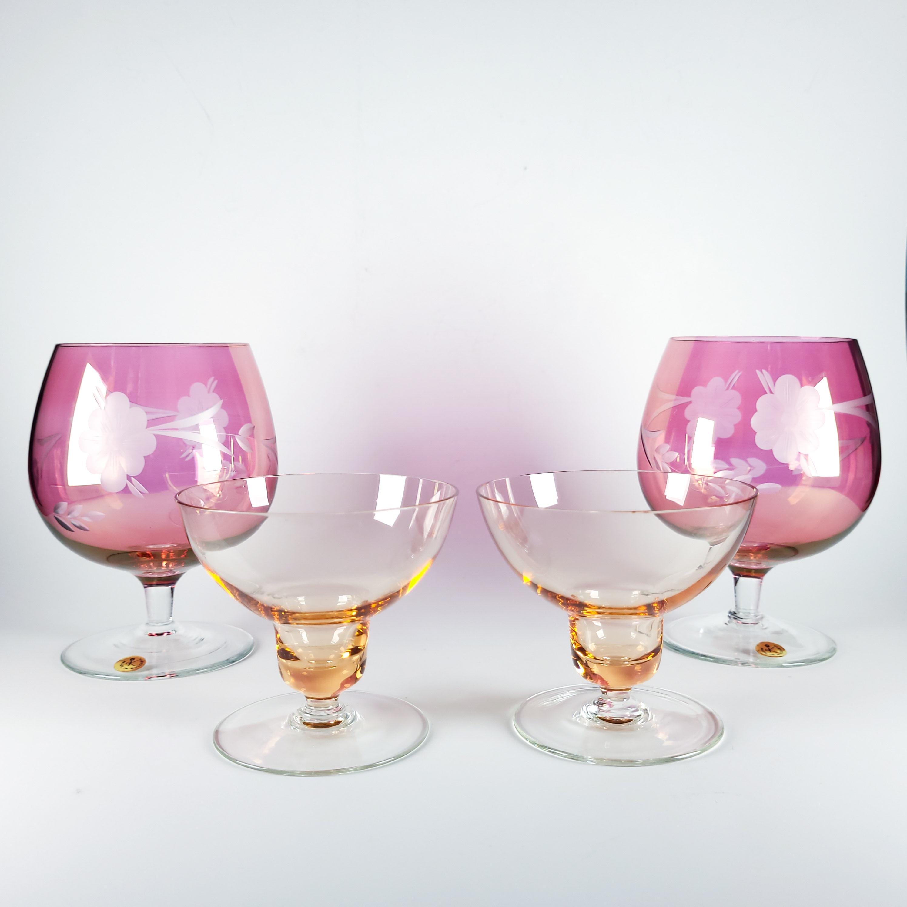 Set of 4 Vintage Pink Glass Stemware, Cranberry Snifters & Depression Glass Coupes