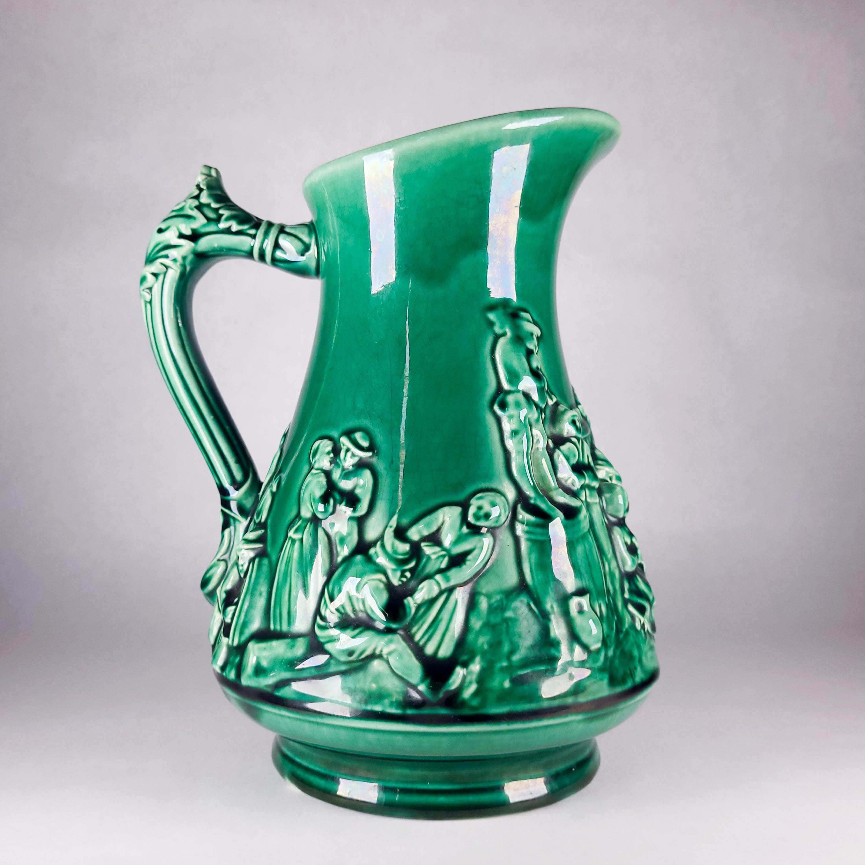 Antique Sarreguemines Majolica Tavern Scene Ewer, Green Pottery Jug ca. 1900