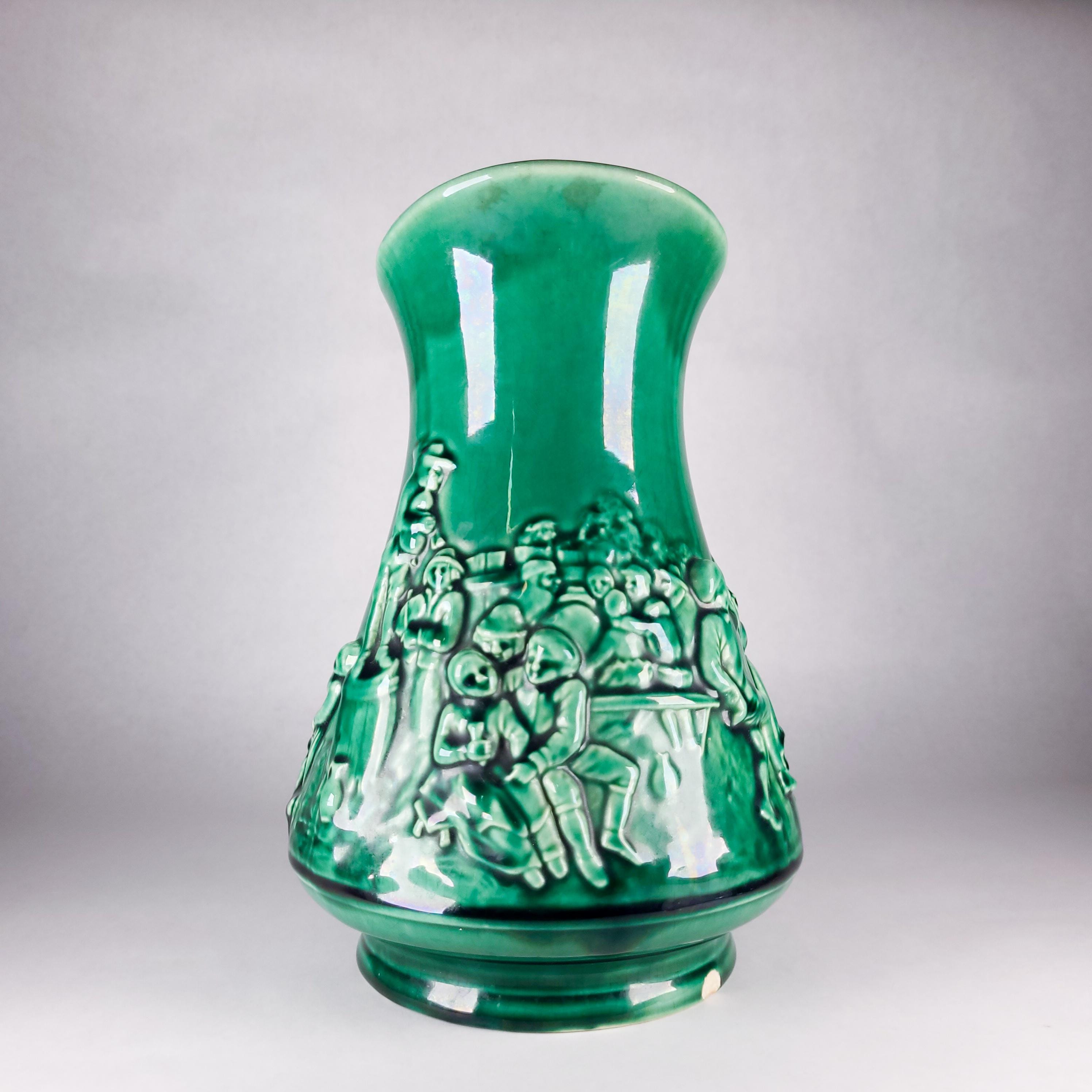Antique Sarreguemines Majolica Tavern Scene Ewer, Green Pottery Jug ca. 1900