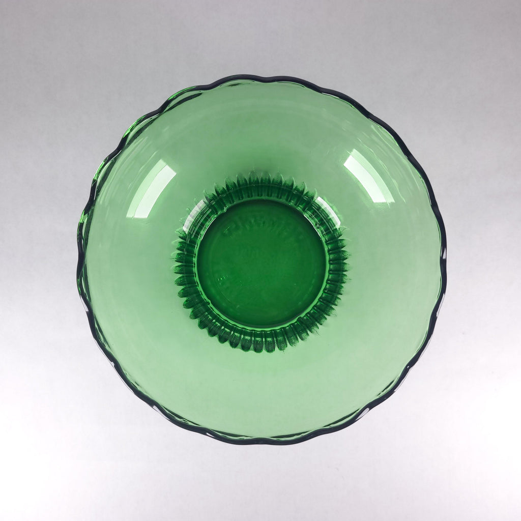 Vintage Emerald Green Pedestal Bowl, E.O. Brody Glass Scalloped Planter, Mid-Century Flower Pot